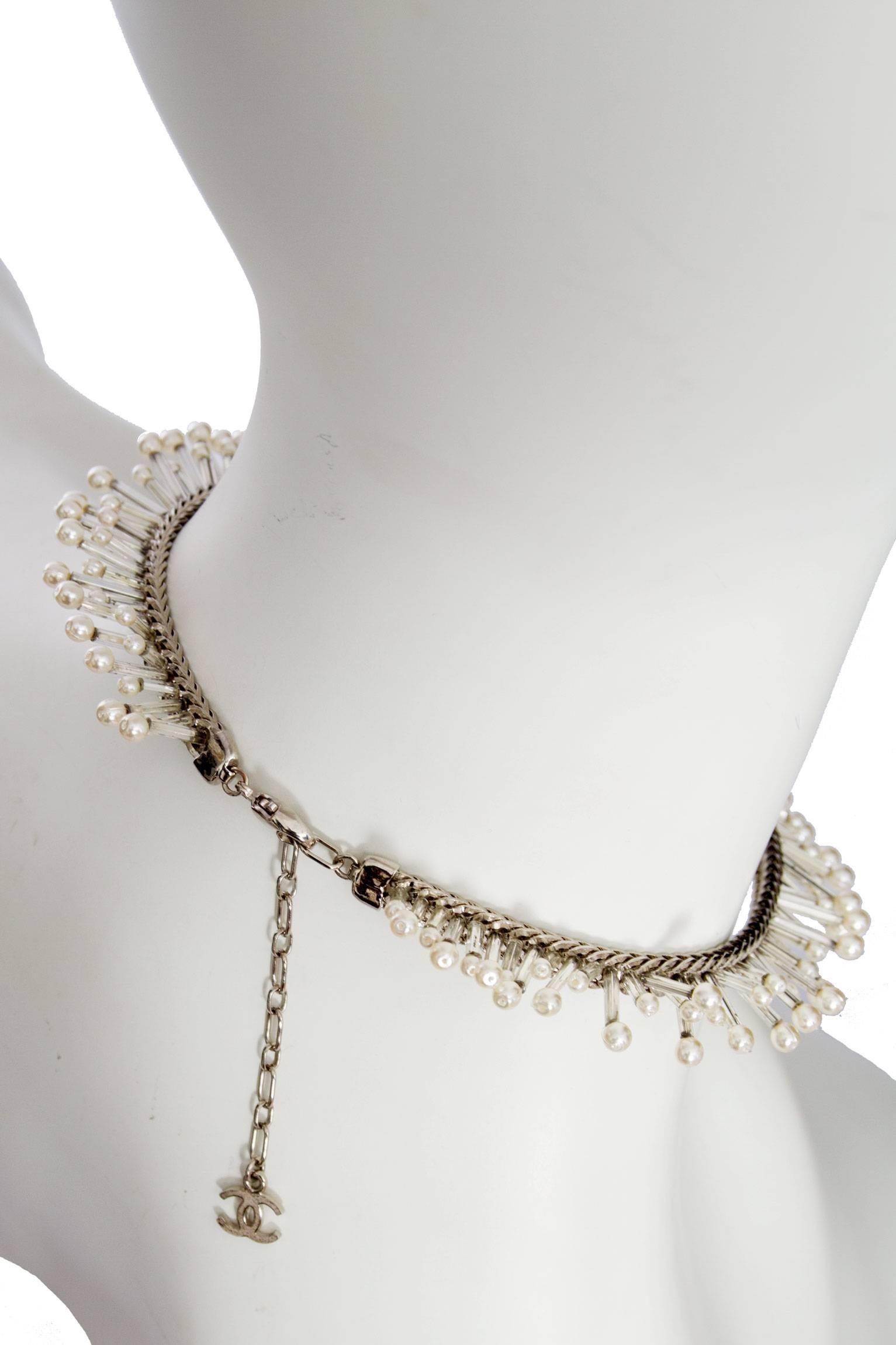 Chanel Silver Beaded Mother-of-Pearl Choker Necklace, 1990s  1