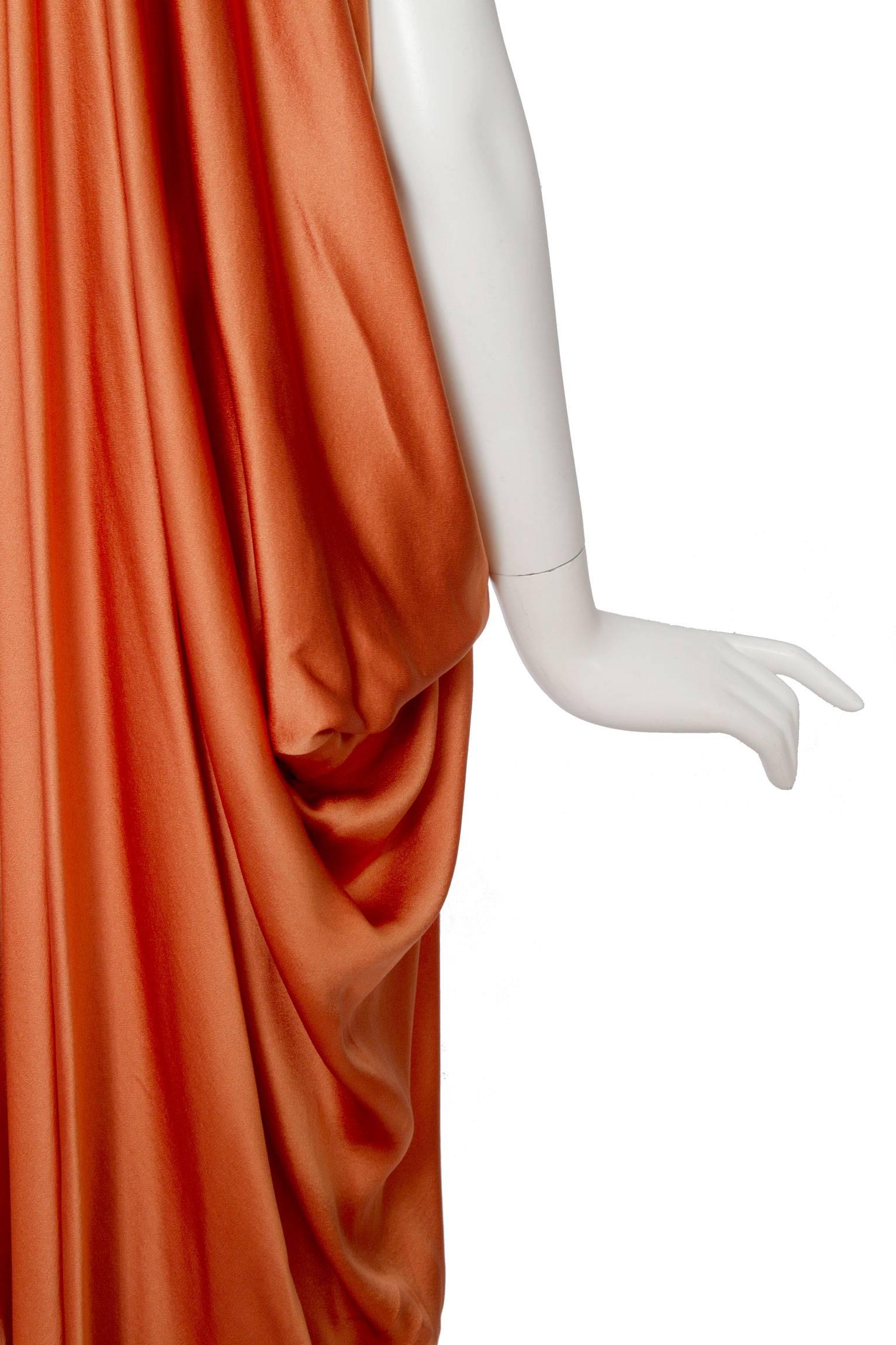 1990s Yves Saint Laurent Draped Orange Silk Dress 4
