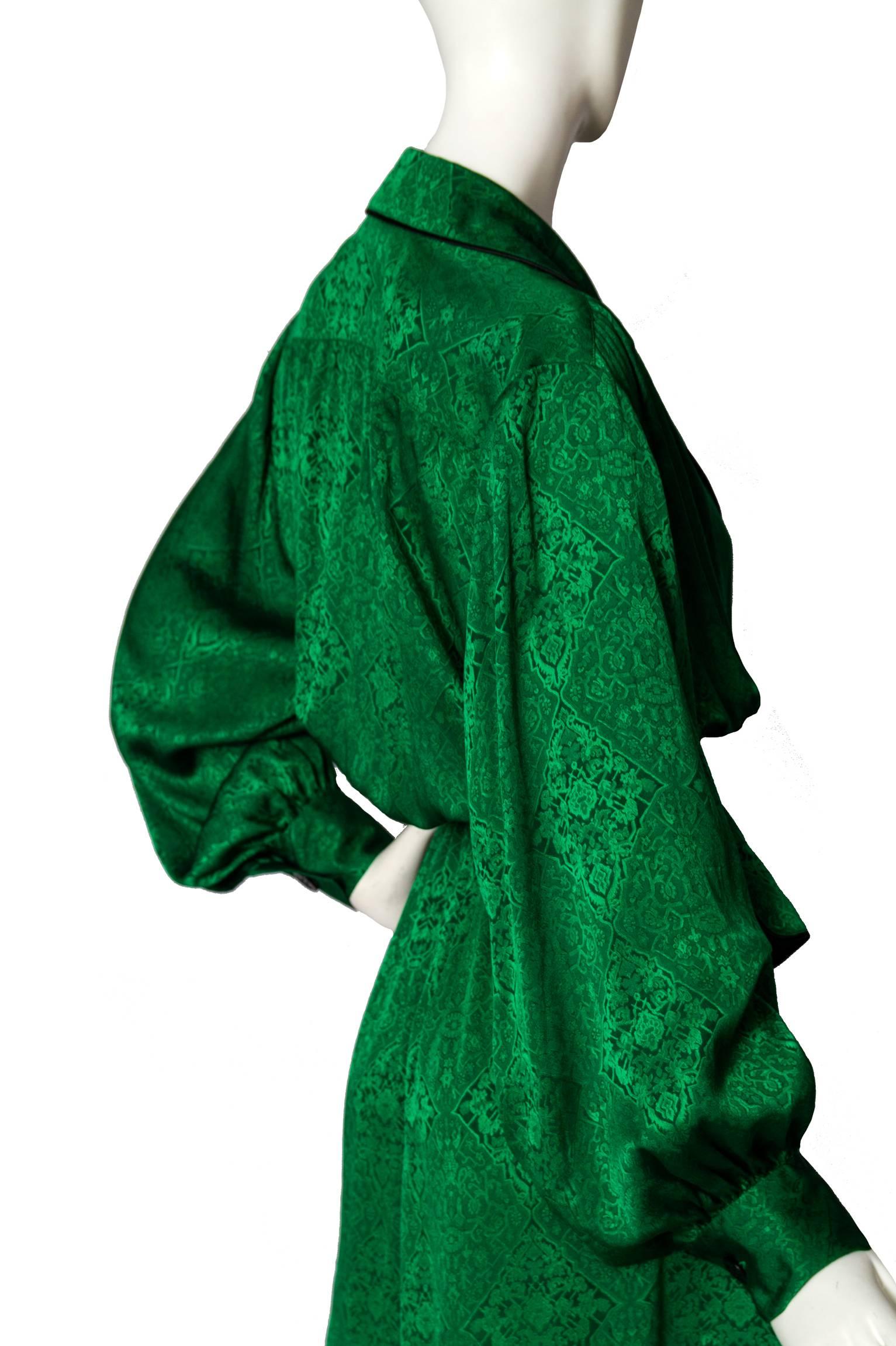 80s Emerald Green Yves Saint Lauren Silk Jaquard Dress 2