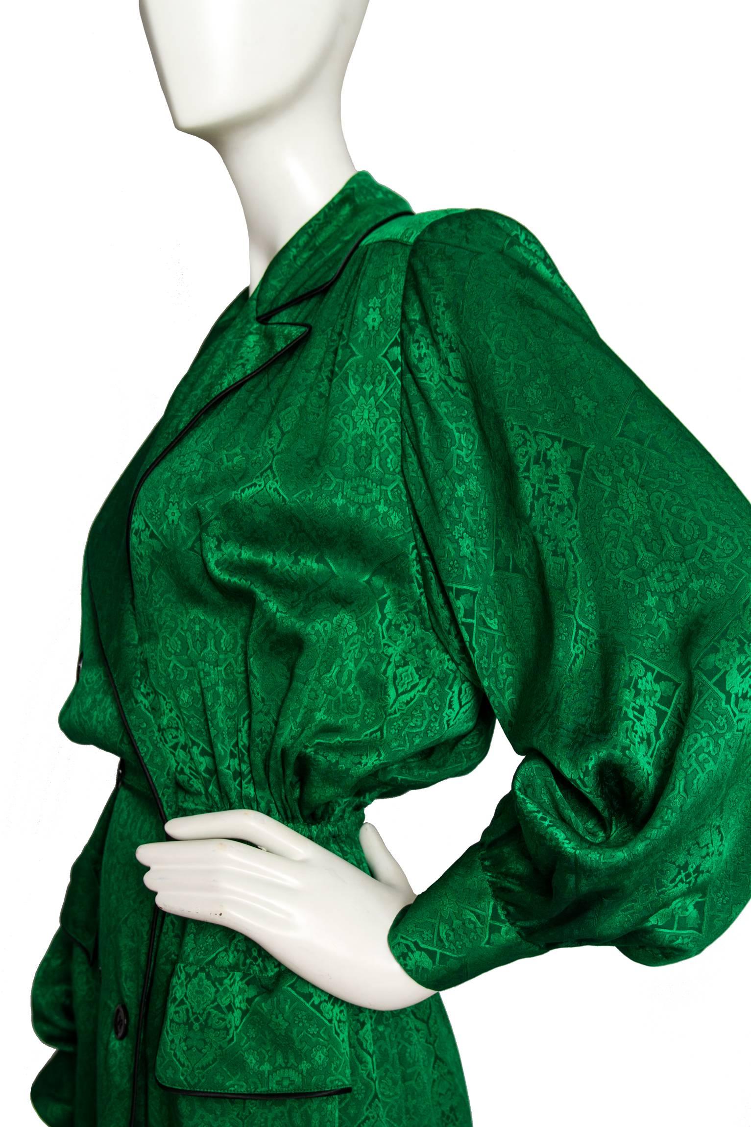 80s Emerald Green Yves Saint Lauren Silk Jaquard Dress 1