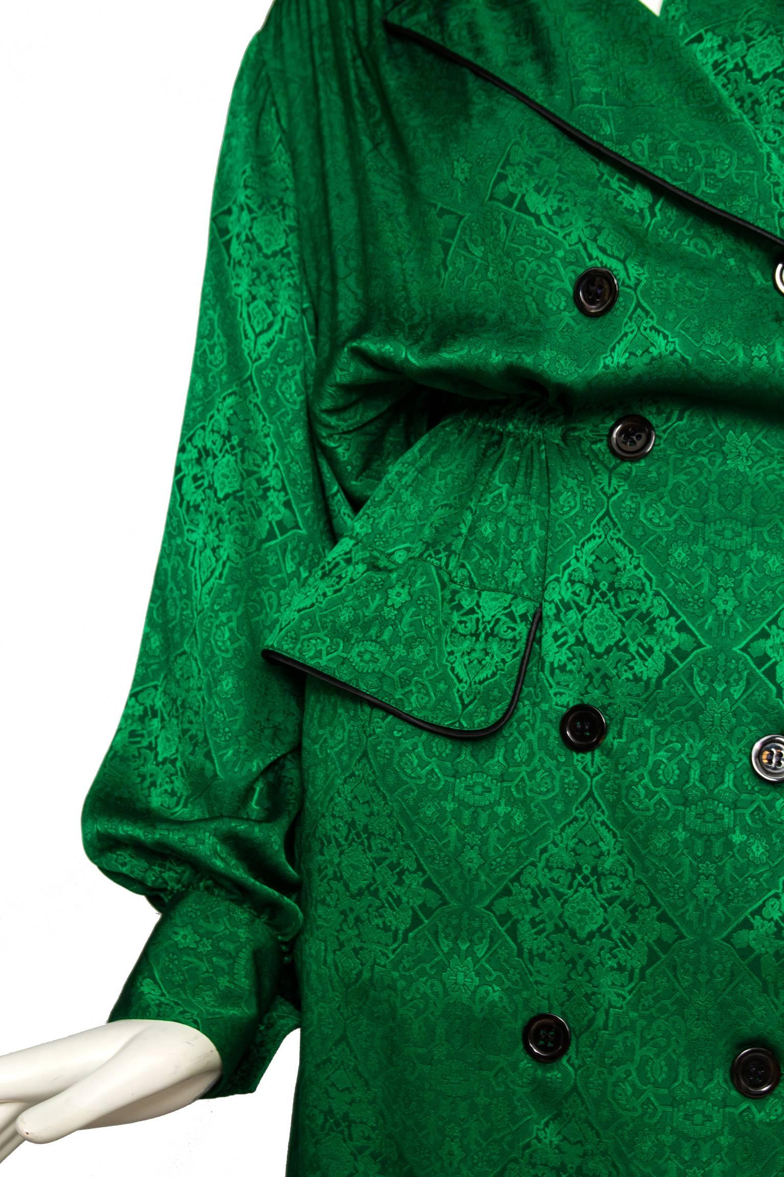 80s Emerald Green Yves Saint Lauren Silk Jaquard Dress 3