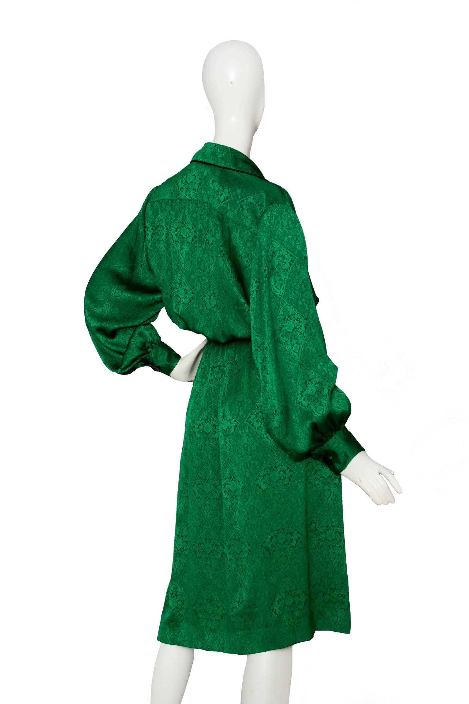Women's 80s Emerald Green Yves Saint Lauren Silk Jaquard Dress
