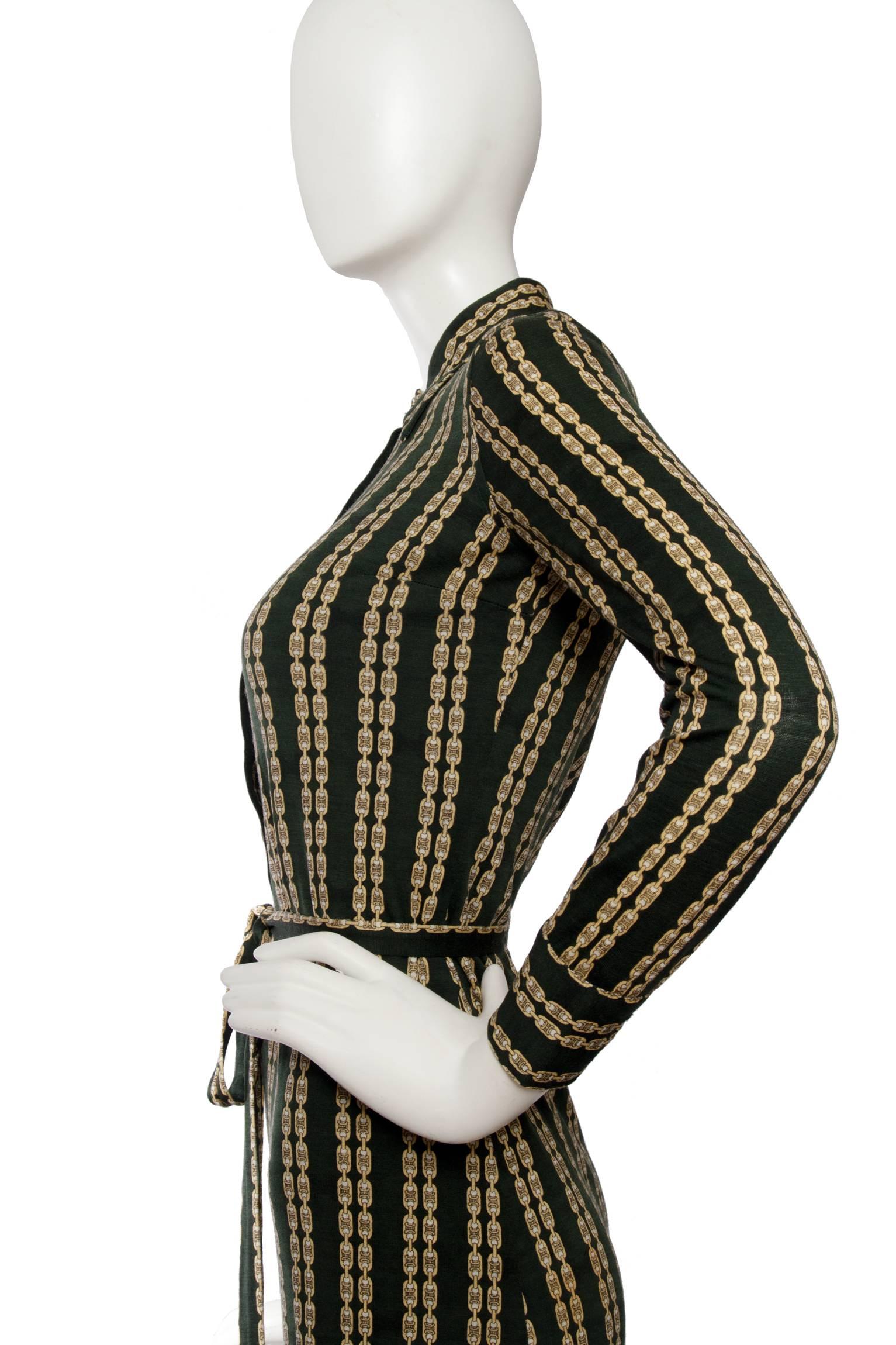 1970s Celine Green Chain Print belted Dress 1