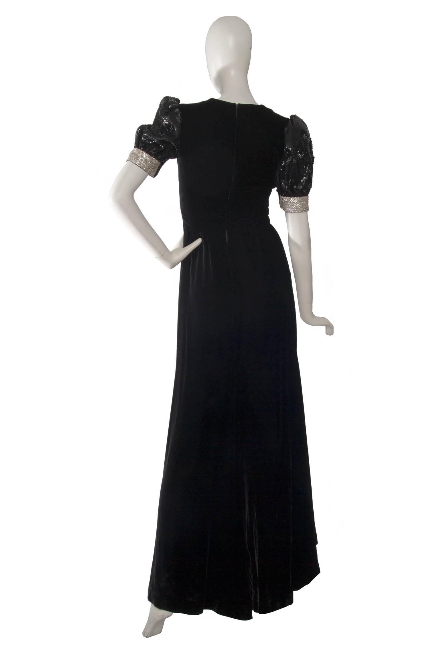 Black 1980s Valentino Silk Velvet & Sequined Puff Sleeve Dress