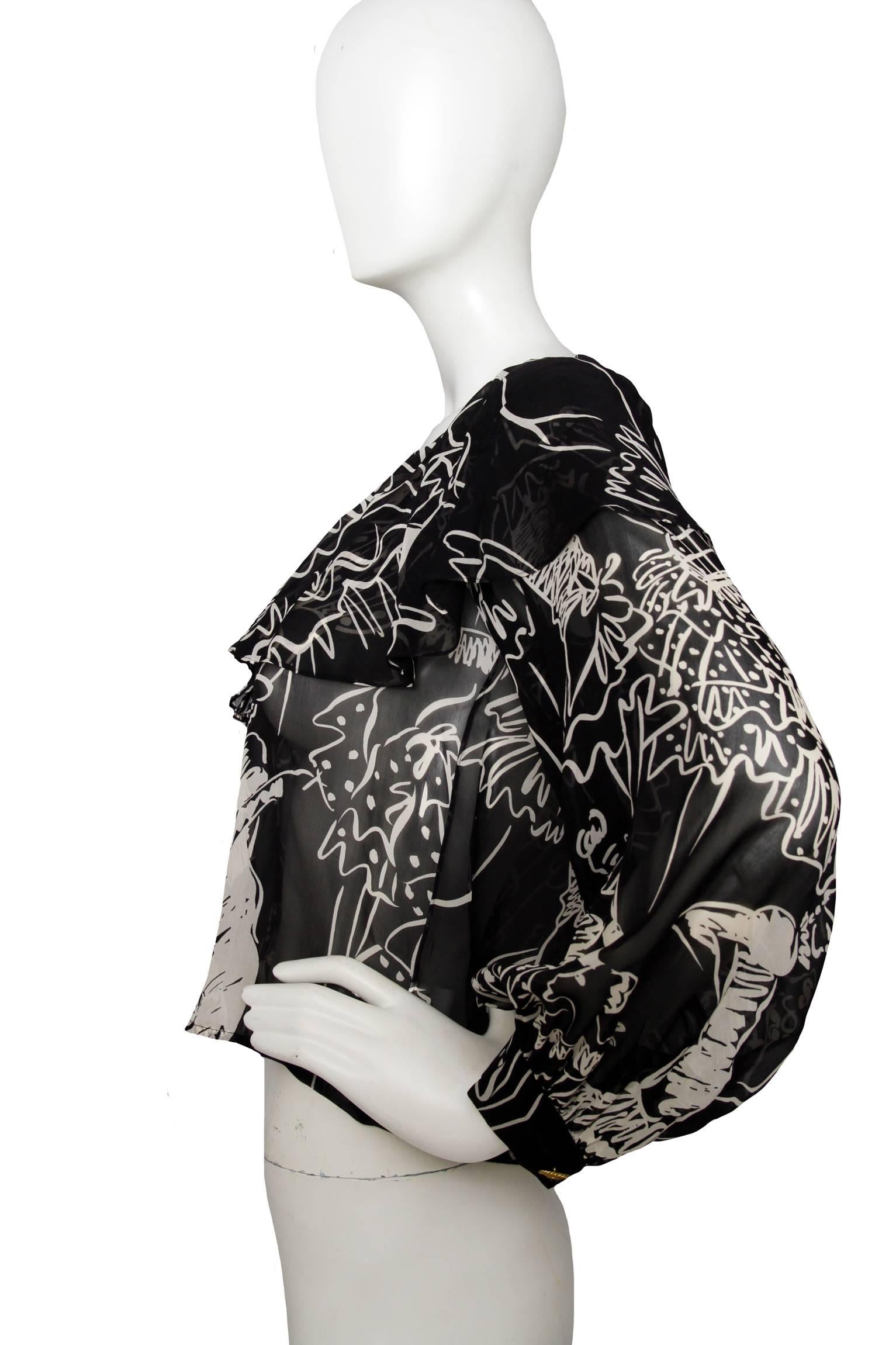 Black A Sheer 90s Yves Saint Laurent Printed Silk Blouse