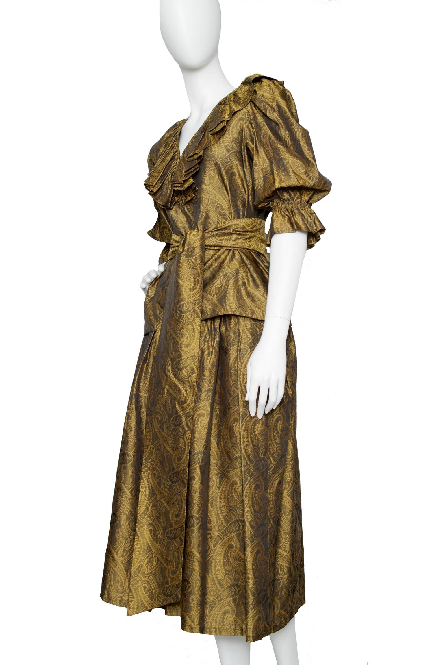Brown A 1980S Yves Saint Laurent Gold Brocade Skirt & Blouse Ensemble  For Sale