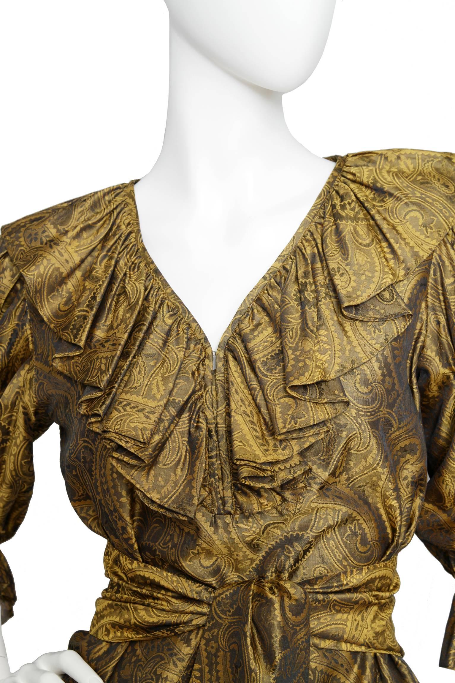 A 1980S Yves Saint Laurent Gold Brocade Skirt & Blouse Ensemble  For Sale 1