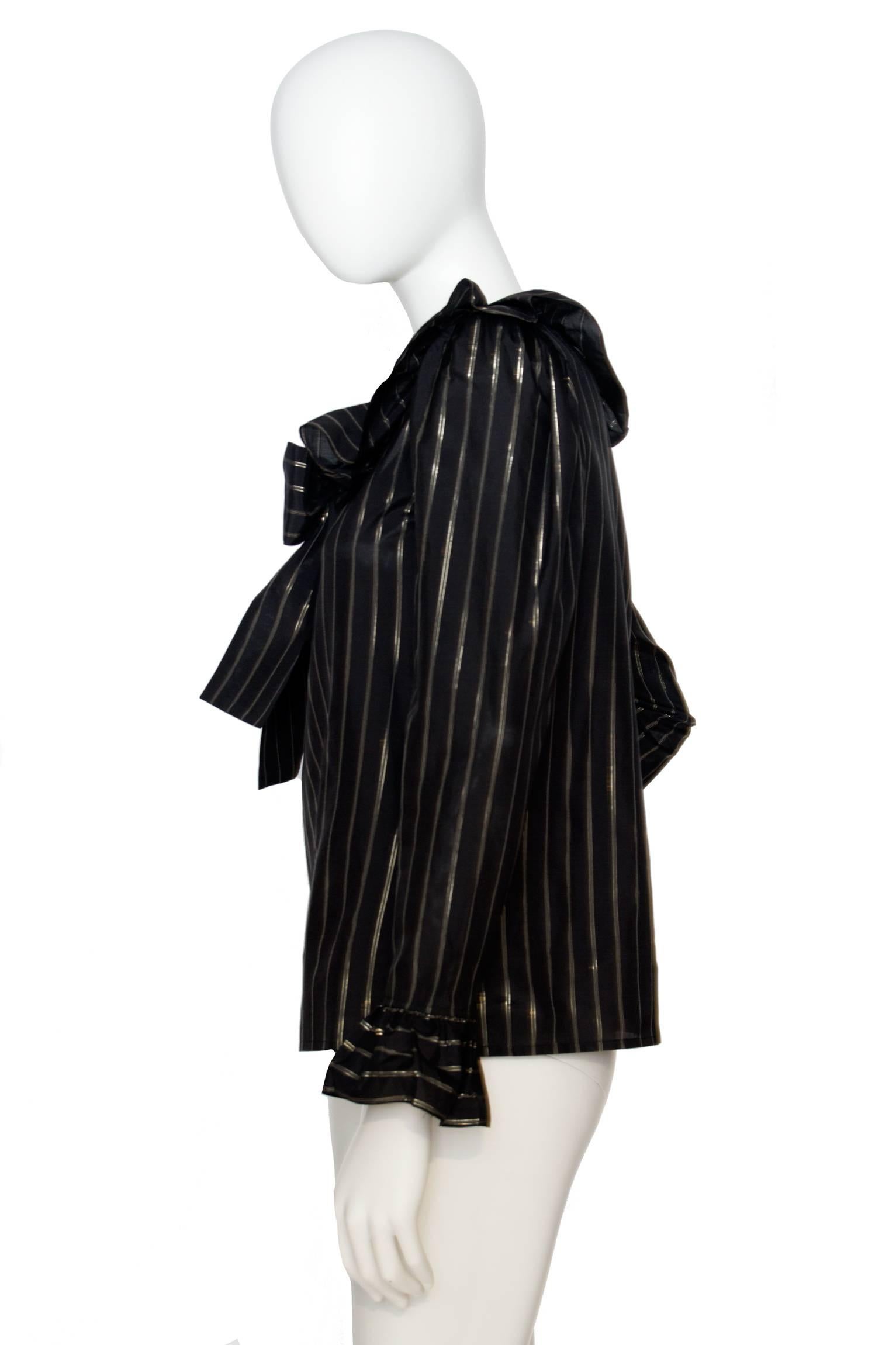 Black 80s Yves Saint Laurent Sheer Lurex Blouse W. Ruffle Collar 