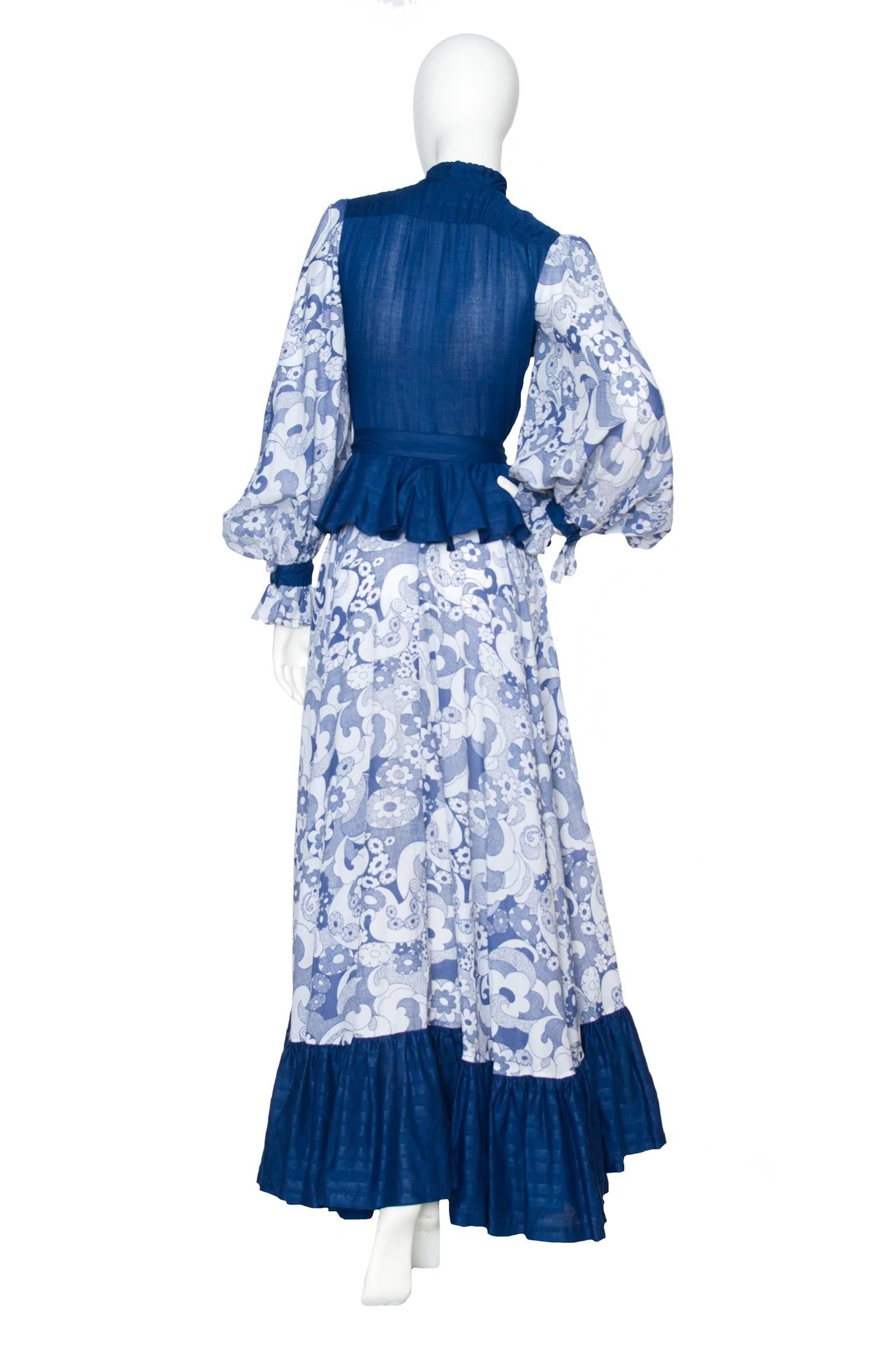 1970s Jean Varon Blue Cotton Dress In Good Condition For Sale In Copenhagen, DK
