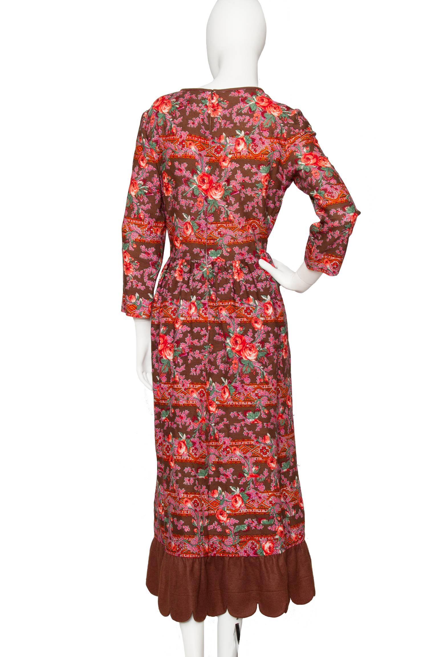 Pink A 1970s Vintage Lanvin Floral Wool Peasant Dress  For Sale