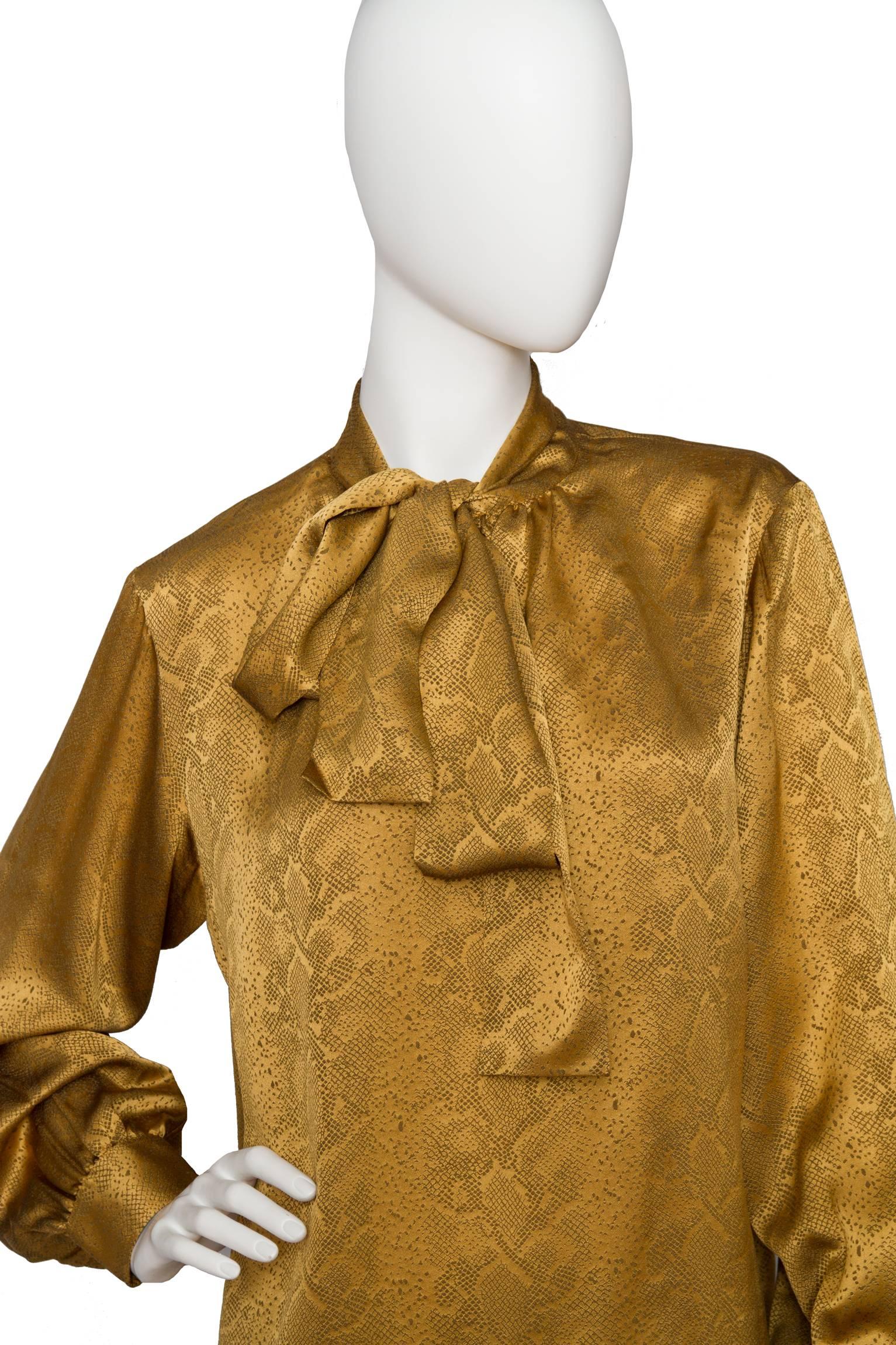 A  Vintage Yves Saint Laurent Gold Python Print Bow Collar Silk Blouse In Good Condition In Copenhagen, DK