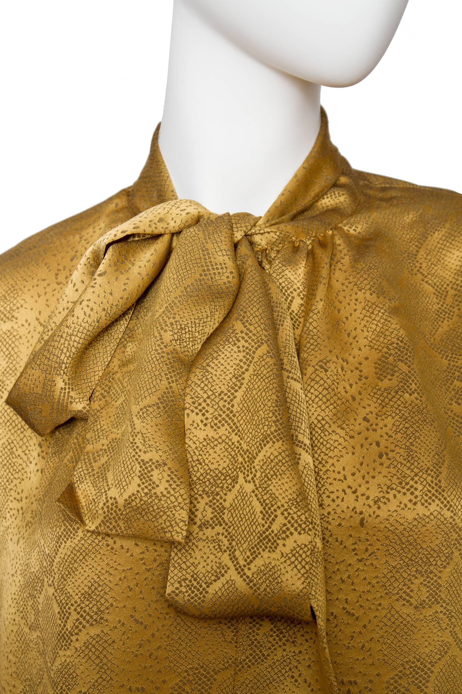 Women's or Men's A  Vintage Yves Saint Laurent Gold Python Print Bow Collar Silk Blouse