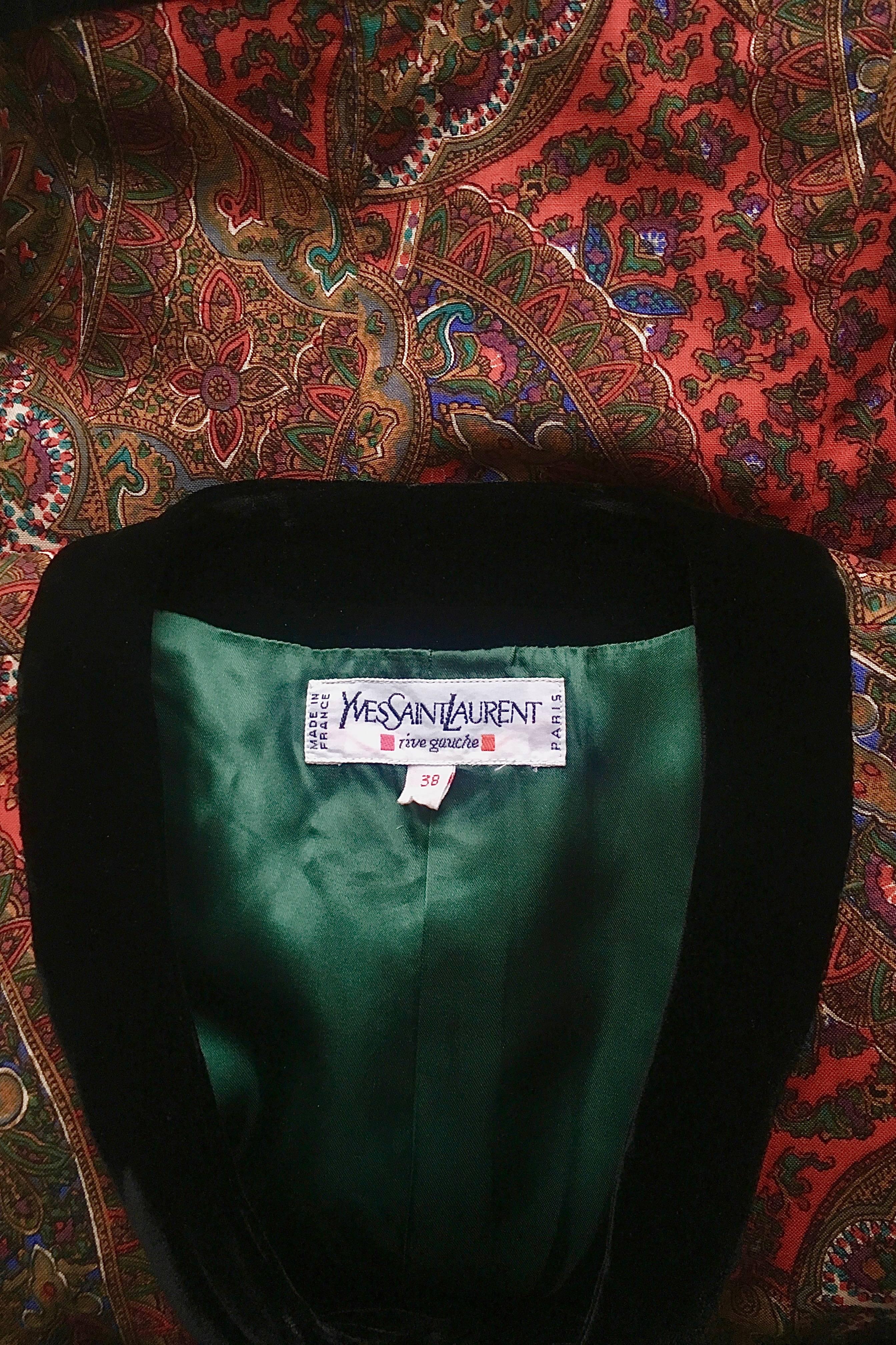 A 1980s Vintage Yves Saint Laurent Paisly Wool Blazer W. Black Velvet Trim  2