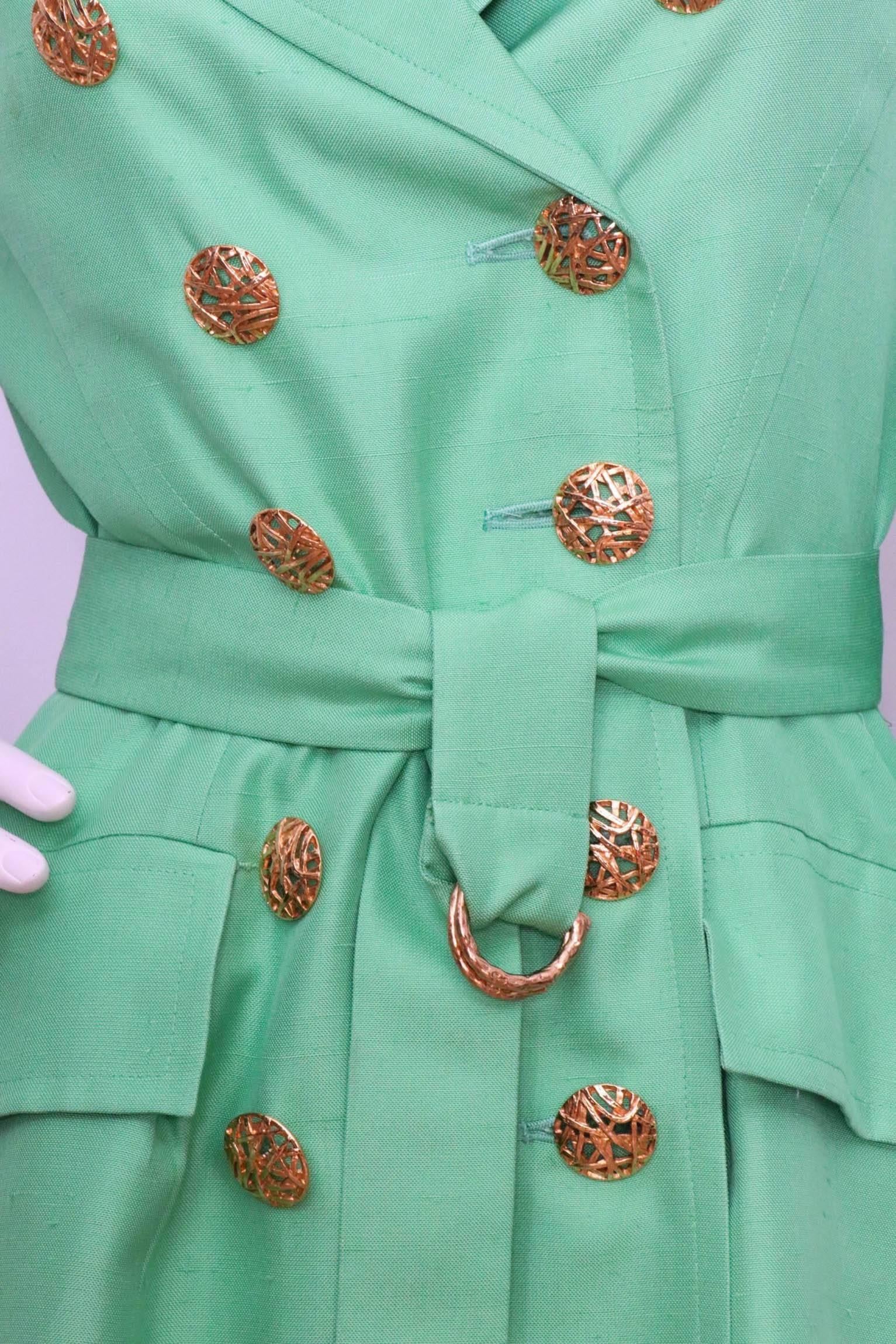 Women's or Men's A 1960s Vintage Yves Saint Laurent Rive Gauche Bright Green Silk Trench Coat XS