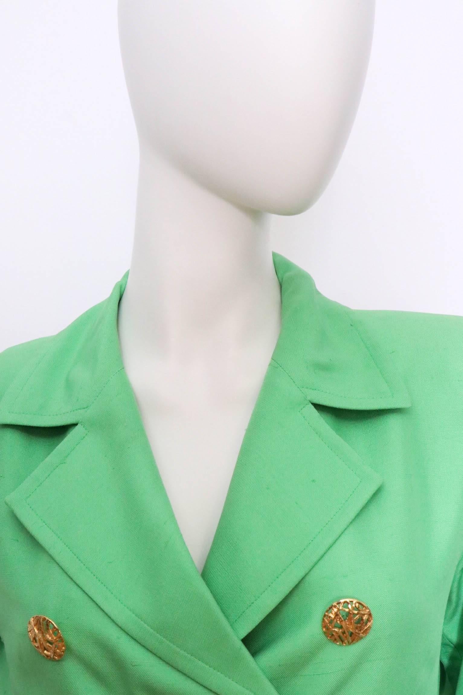 A 1960s Vintage Yves Saint Laurent Rive Gauche Bright Green Silk Trench Coat XS 1
