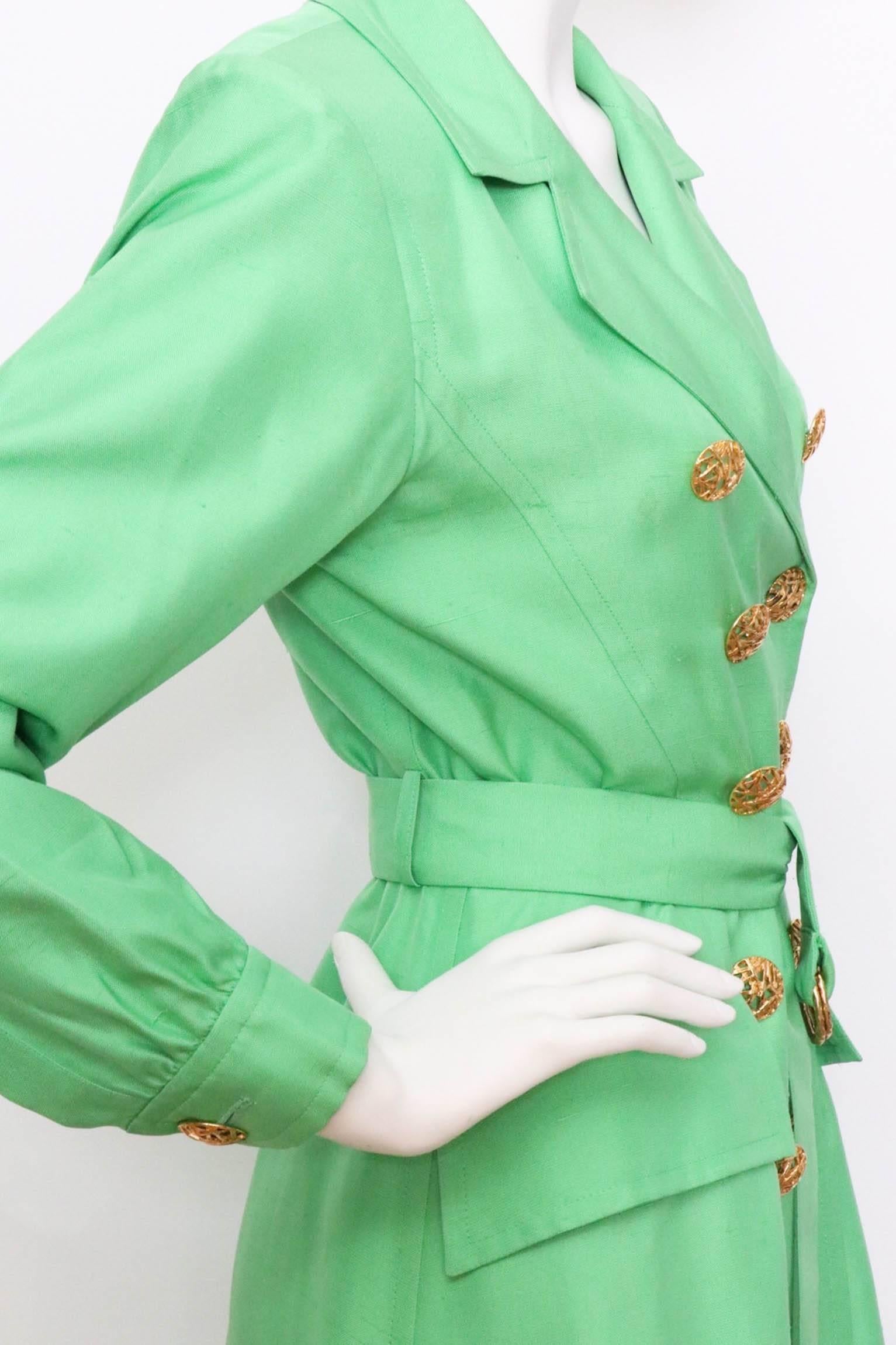 A 1960s Vintage Yves Saint Laurent Rive Gauche Bright Green Silk Trench Coat XS 2