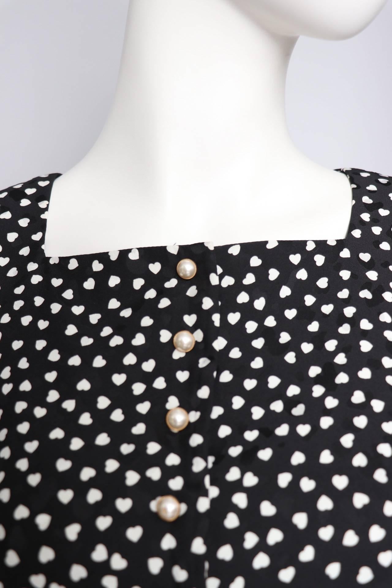 Women's or Men's Hanae Mori Vintage Black Day Dress With White Heart Print, 1980s 