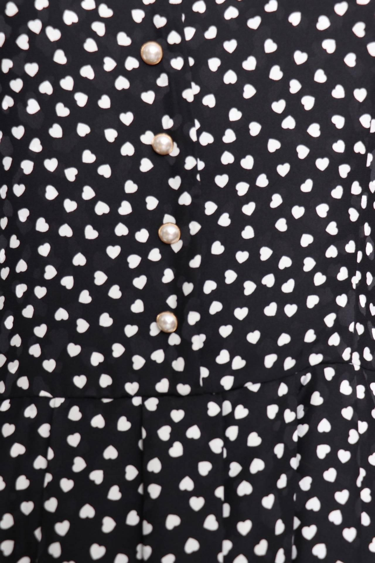 Hanae Mori Vintage Black Day Dress With White Heart Print, 1980s  1