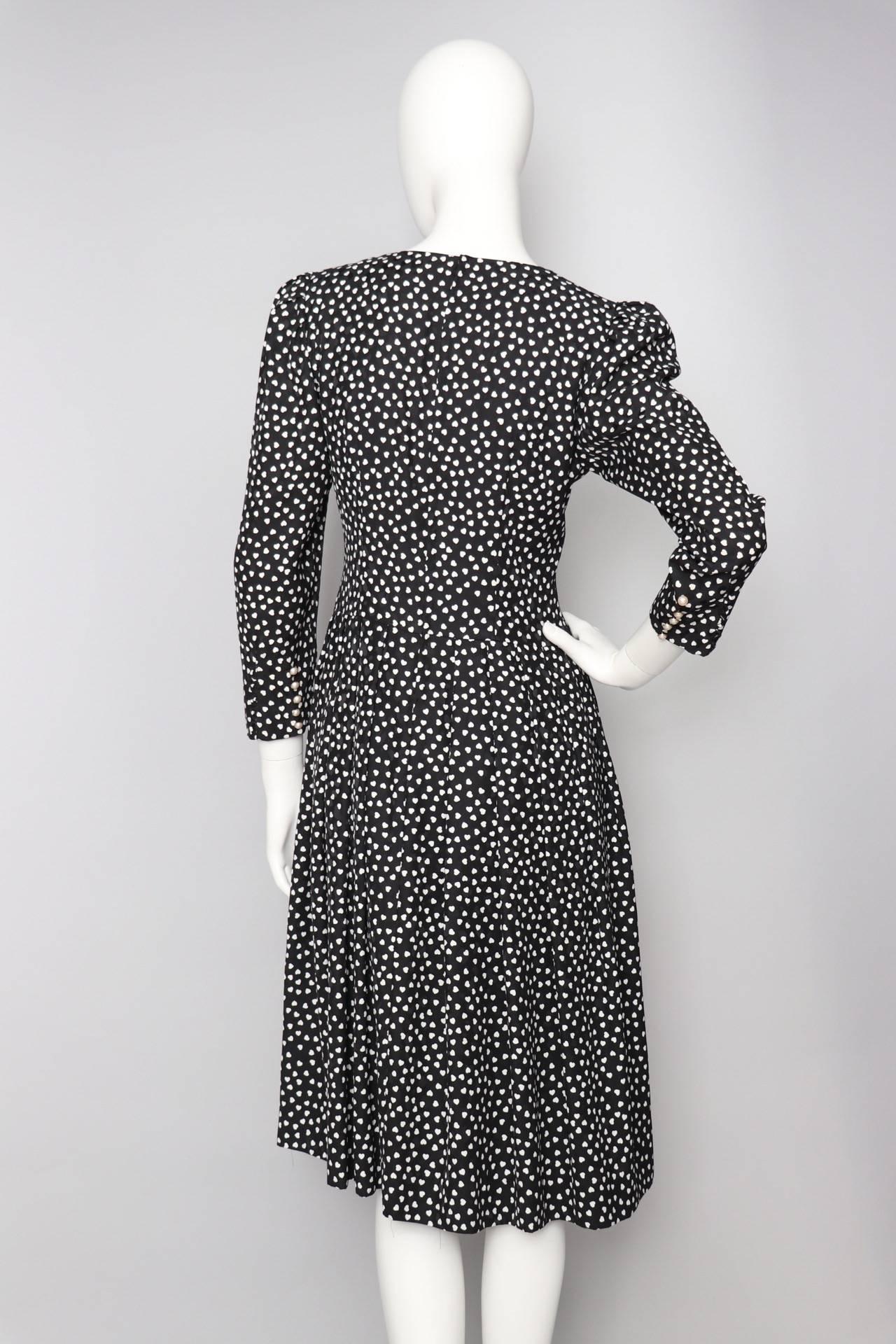 Hanae Mori Vintage Black Day Dress With White Heart Print, 1980s  In Excellent Condition In Copenhagen, DK
