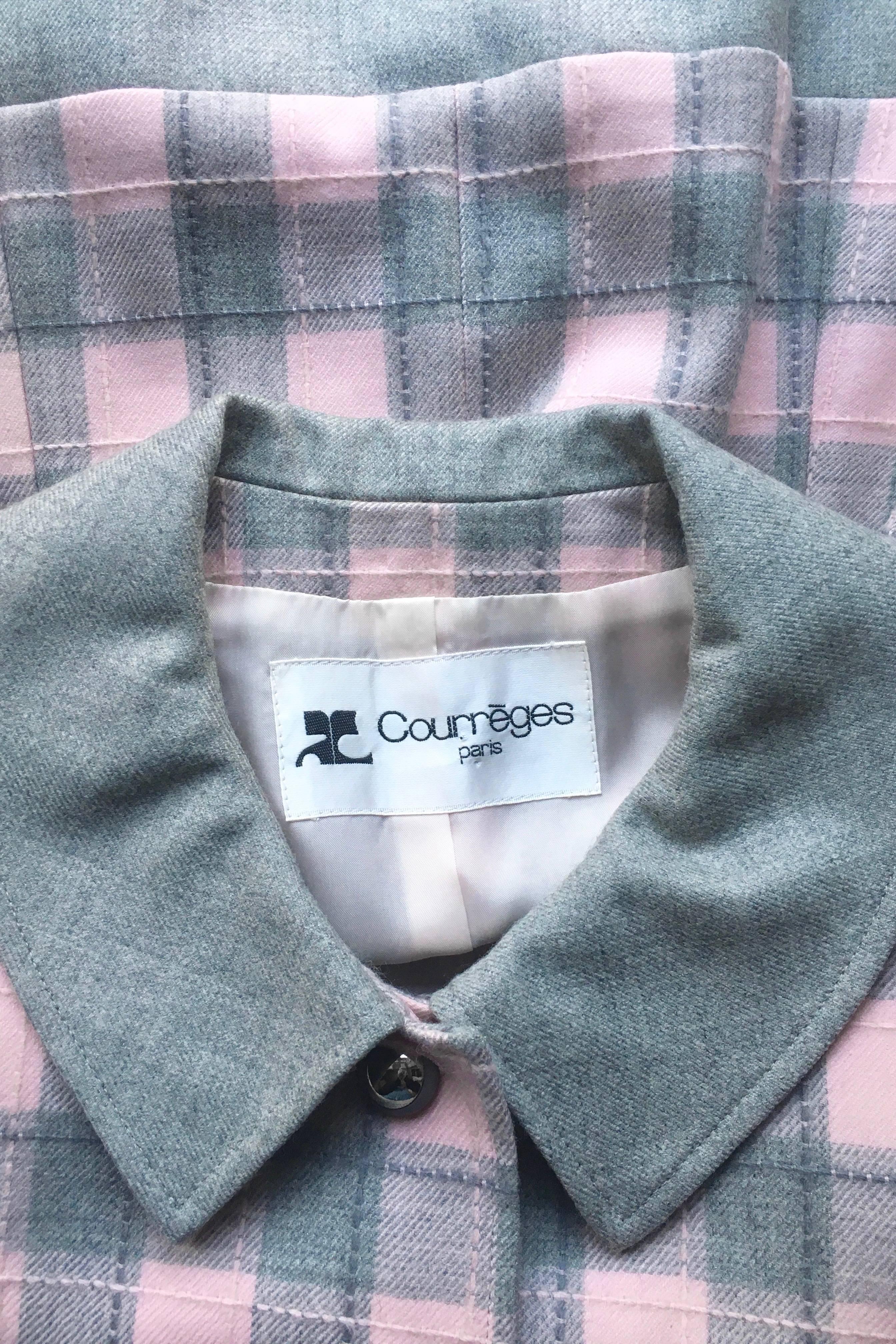 A 1970s Vintage Courrèges Baby Pink & Grey Wool Check Blazer S 2