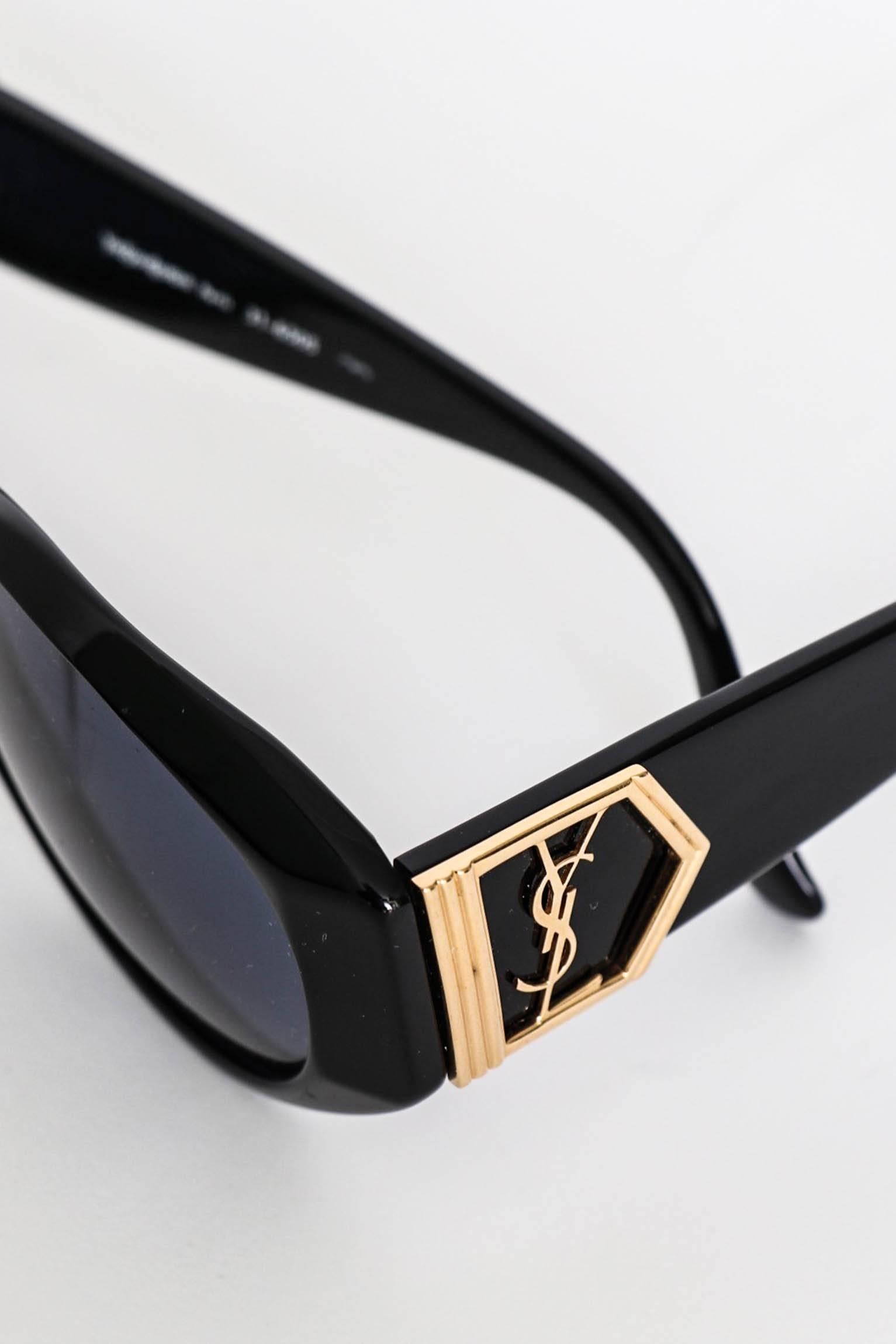 A Pair of 1980s Black Yves Saint Laurent Gold YSL Logo Detail Sunglasses  For Sale 1