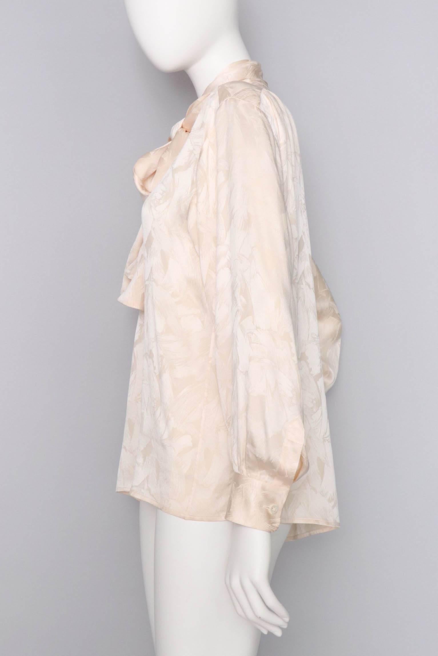 Beige Yves Saint Laurent Rive Gauche Vintage Jacquard Woven Silk Blouse, 1980s 