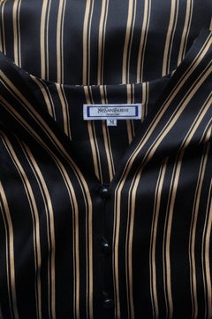 Yves Saint Laurent Vintage Black Silk Blouse with Gold Stripes, 1980s