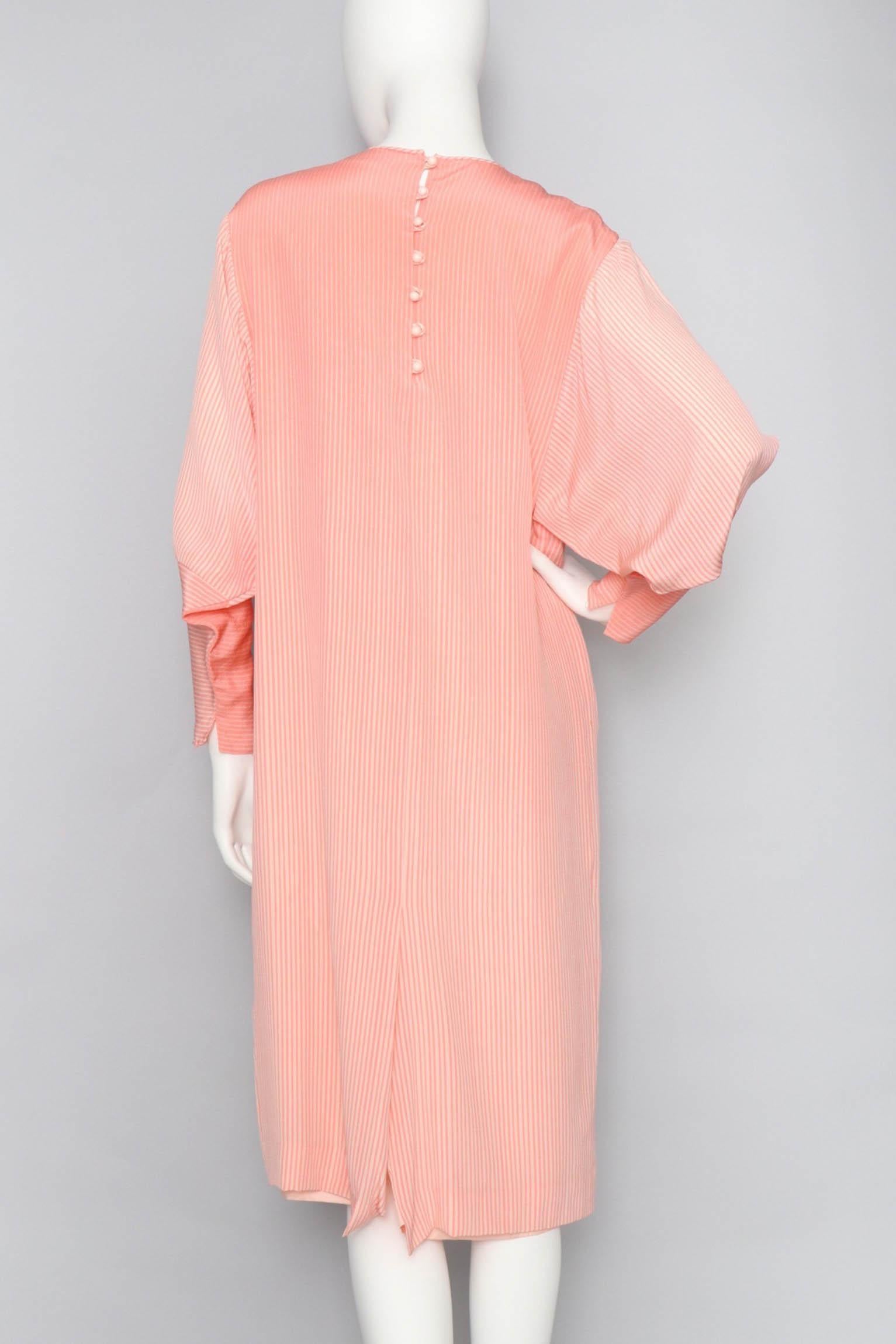 Orange Hanae Mori Pink and White Striped Silk Dress, 1980s 