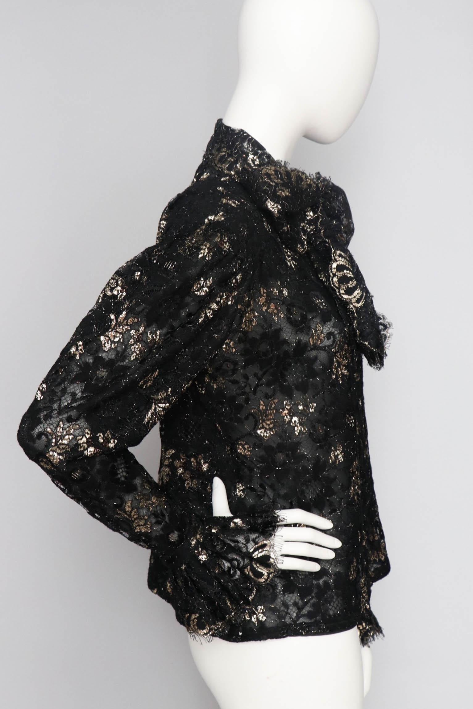 Black A 1980s Vintage Jean-Louis Scherrer Lurex Floral Lace Blouse  For Sale