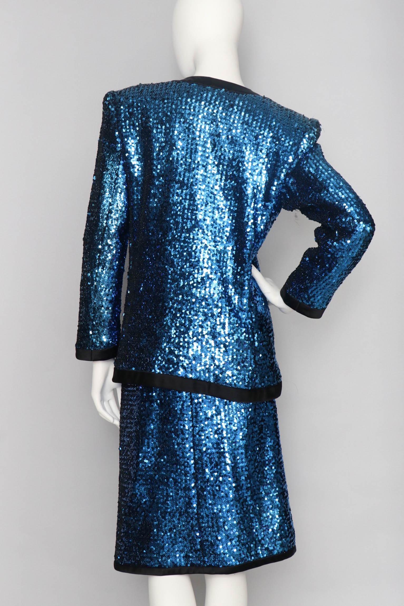 A 1980s Blue Sequin Embellished Yves Saint Laurent Rive Gauche Skirt Suit In Good Condition In Copenhagen, DK