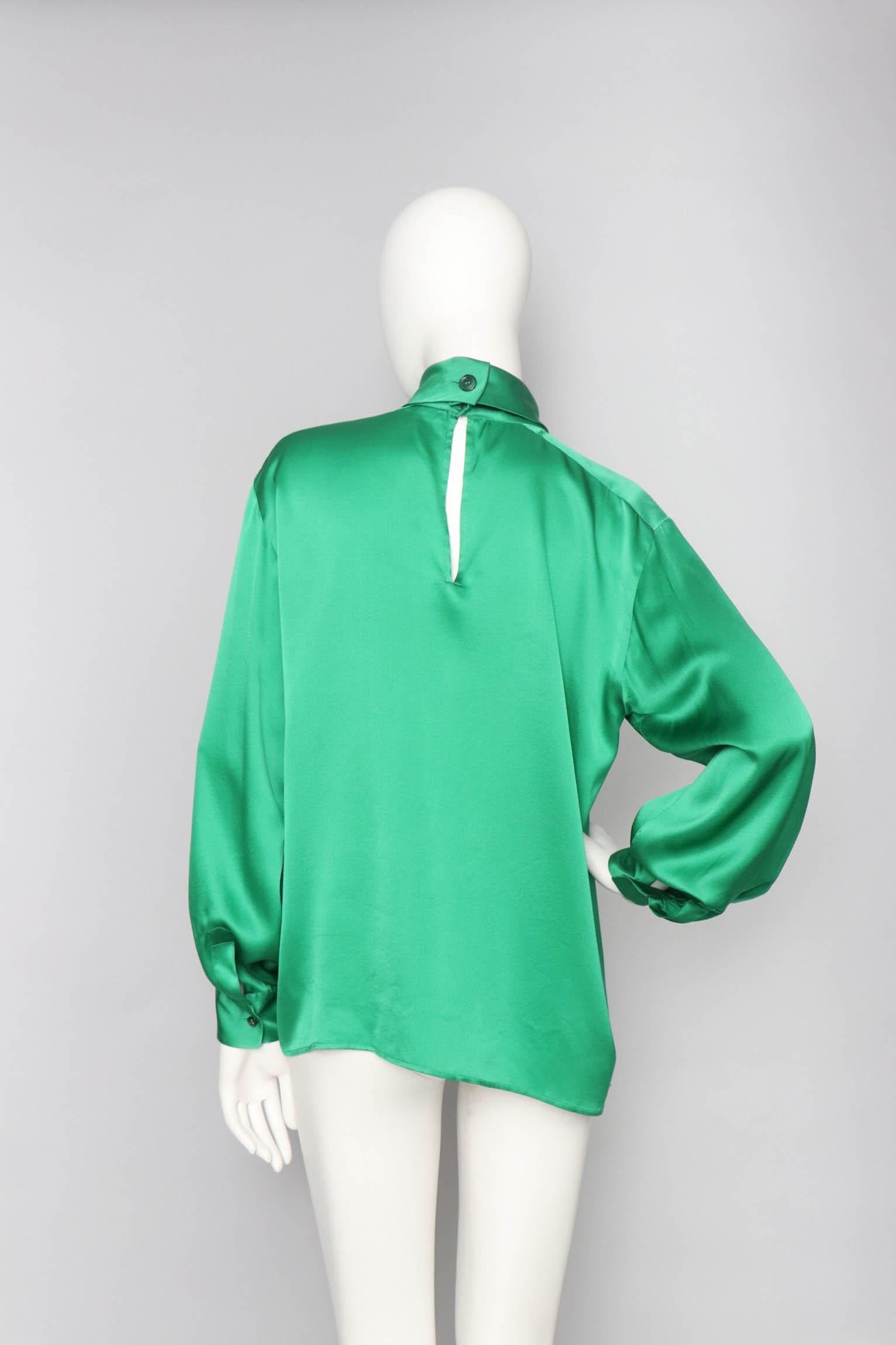 Women's or Men's A 1980s Vintage Yves Saint Laurent Rive Gauche Green Silk Blouse