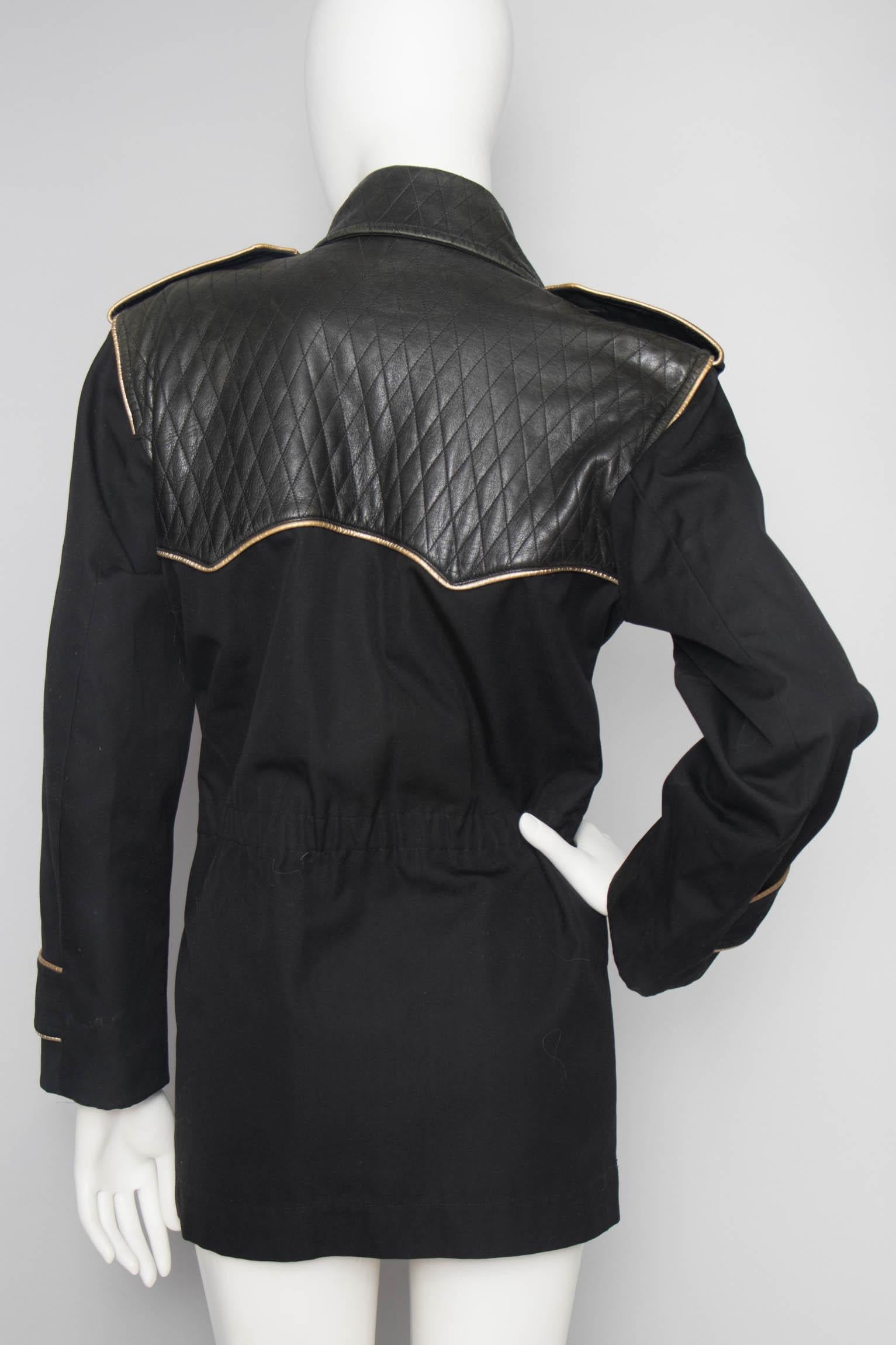 Black Yves Saint Laurent Rive Gauche Jacket with Leather and Gold Trim, 1980s