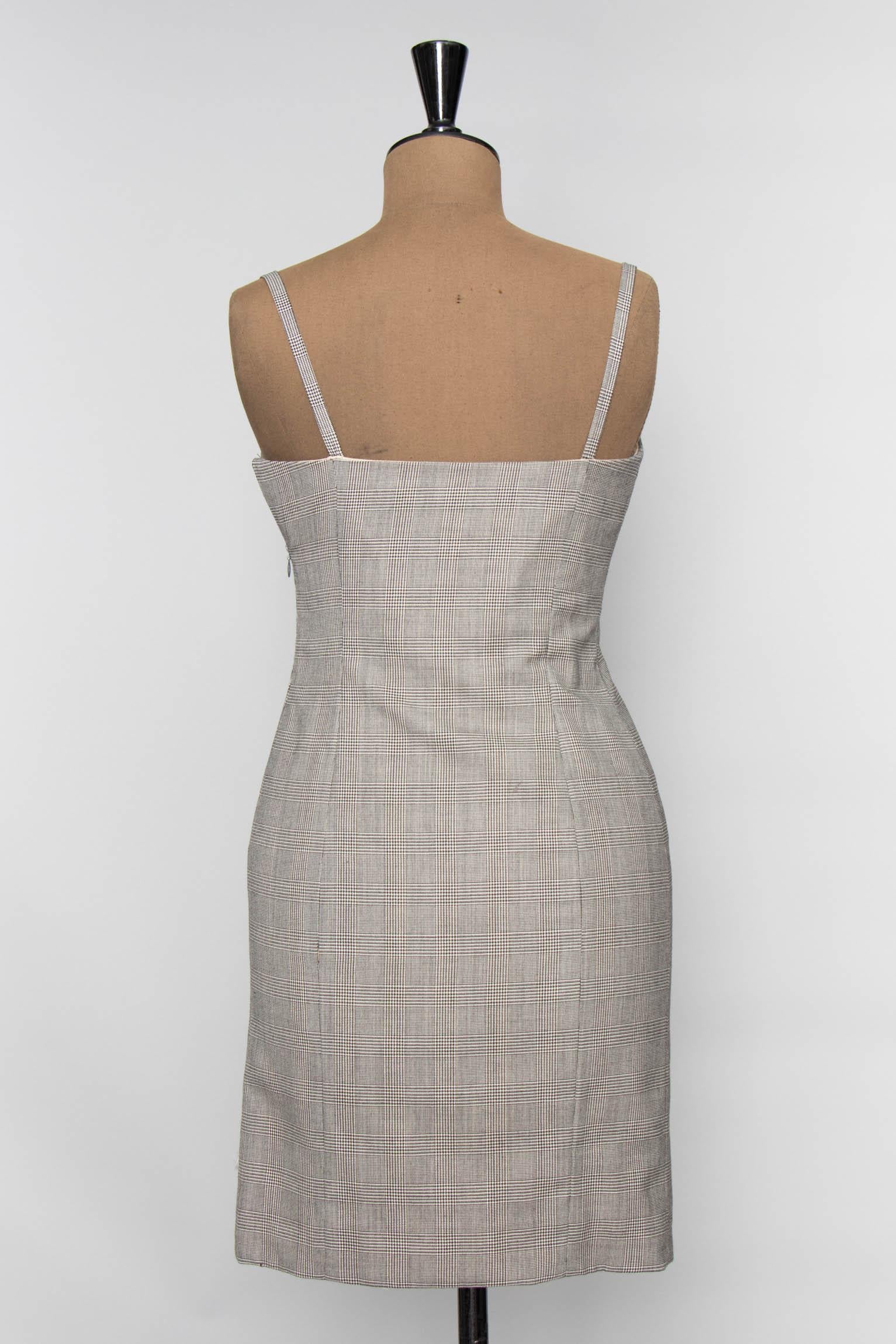 Gray A Spring 1998 Vintage Gianni Versace Houndstooth Plaid Bodycon Dress XS For Sale