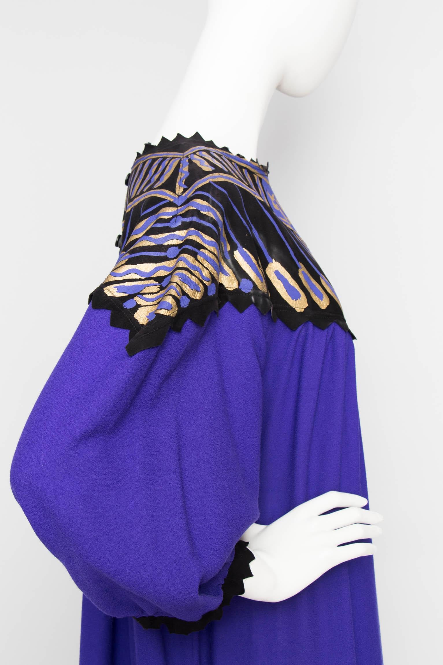 A 1970s Vintage Zandra Rhodes Purple Wool Dress With Leather Details  For Sale 1
