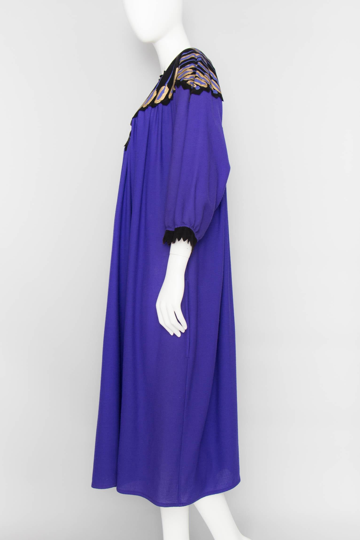 Women's A 1970s Vintage Zandra Rhodes Purple Wool Dress With Leather Details  For Sale