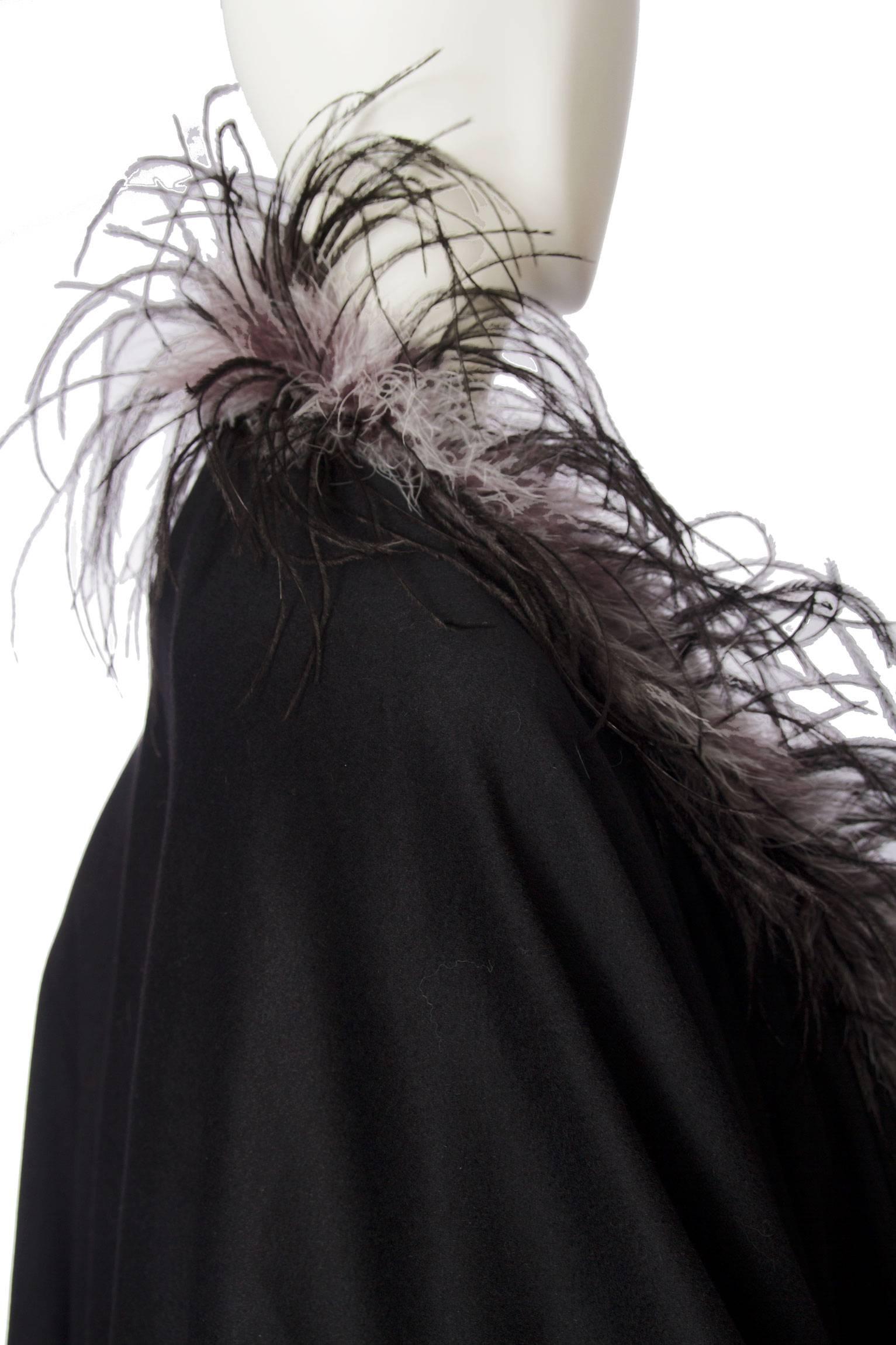 Women's 1980s Emmanuelle Khahn Black Wool & Ostrich Feather Cape