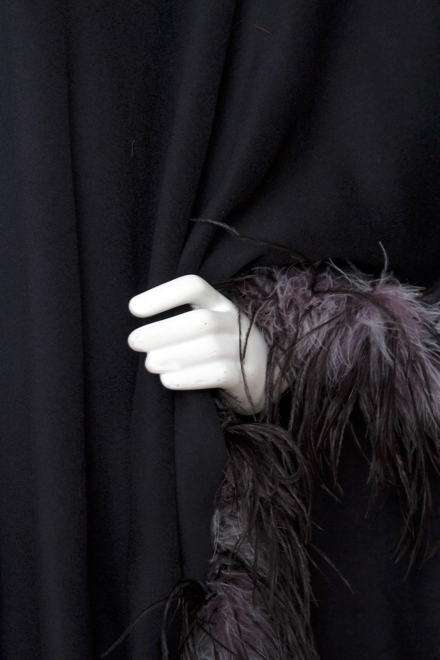 1980s Emmanuelle Khahn Black Wool & Ostrich Feather Cape In Excellent Condition In Copenhagen, DK