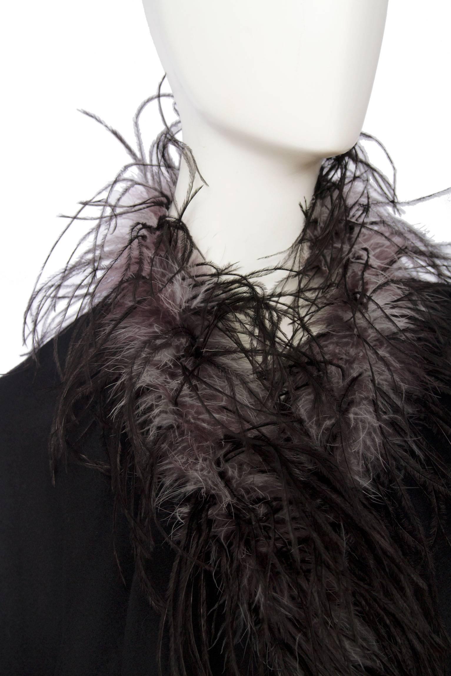 1980s Emmanuelle Khahn Black Wool & Ostrich Feather Cape 1