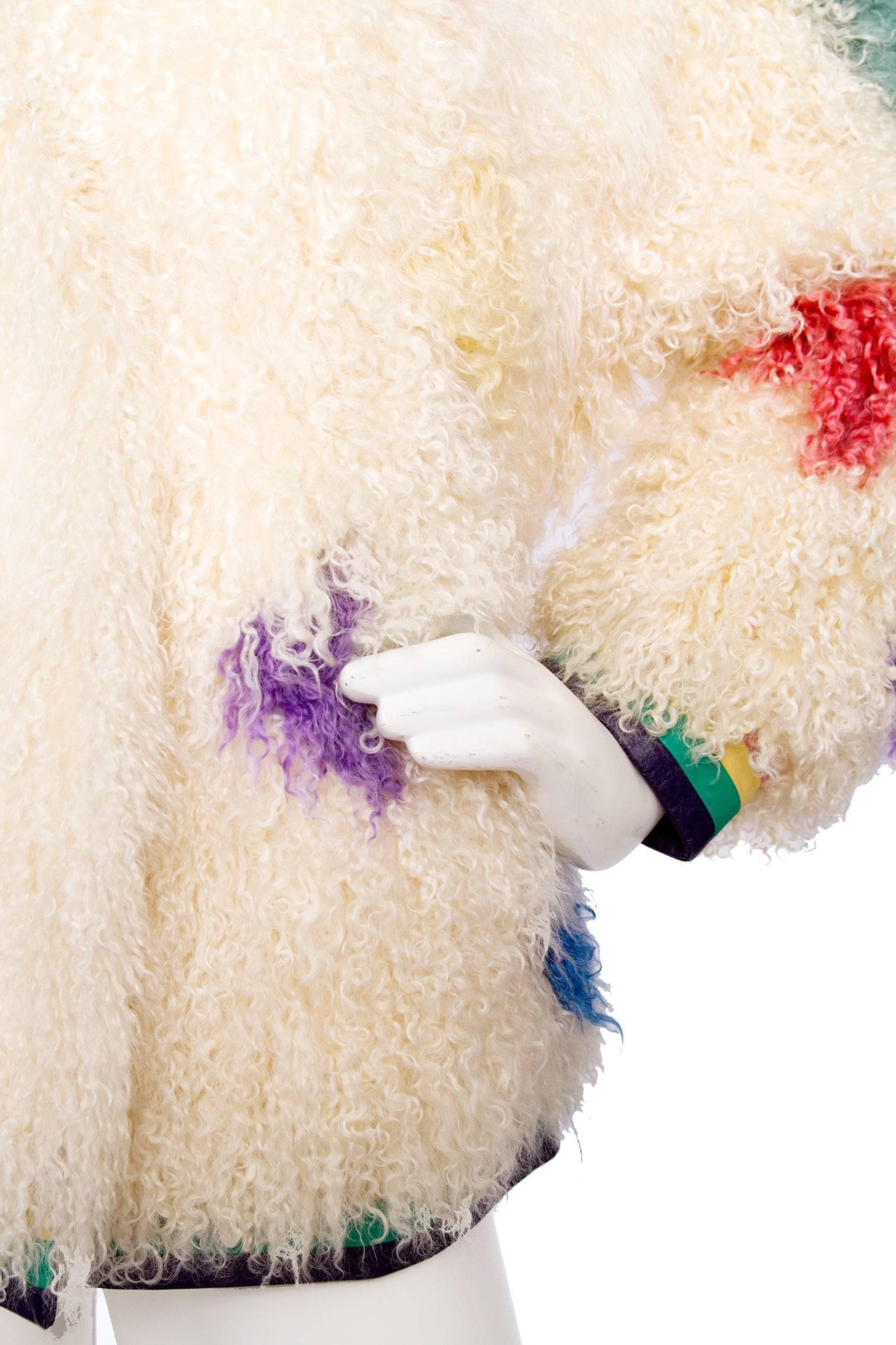 1980s White Mongolian Lamb Fur Coat W. Bright Color Splashes 6