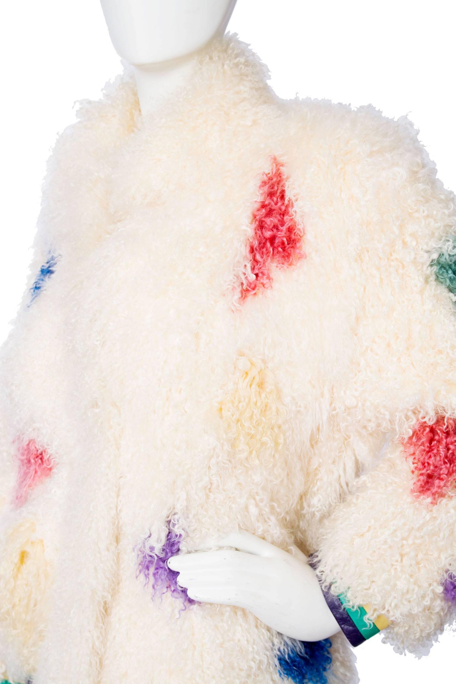 1980s White Mongolian Lamb Fur Coat W. Bright Color Splashes 2