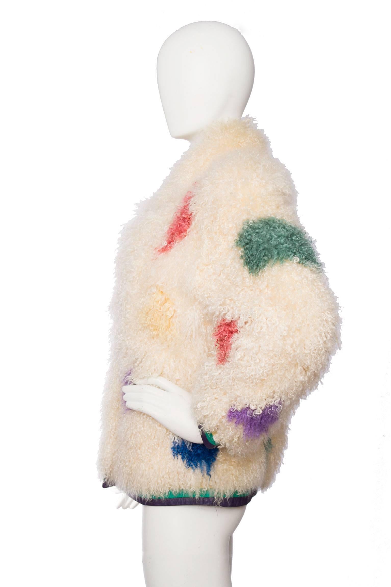 Women's 1980s White Mongolian Lamb Fur Coat W. Bright Color Splashes