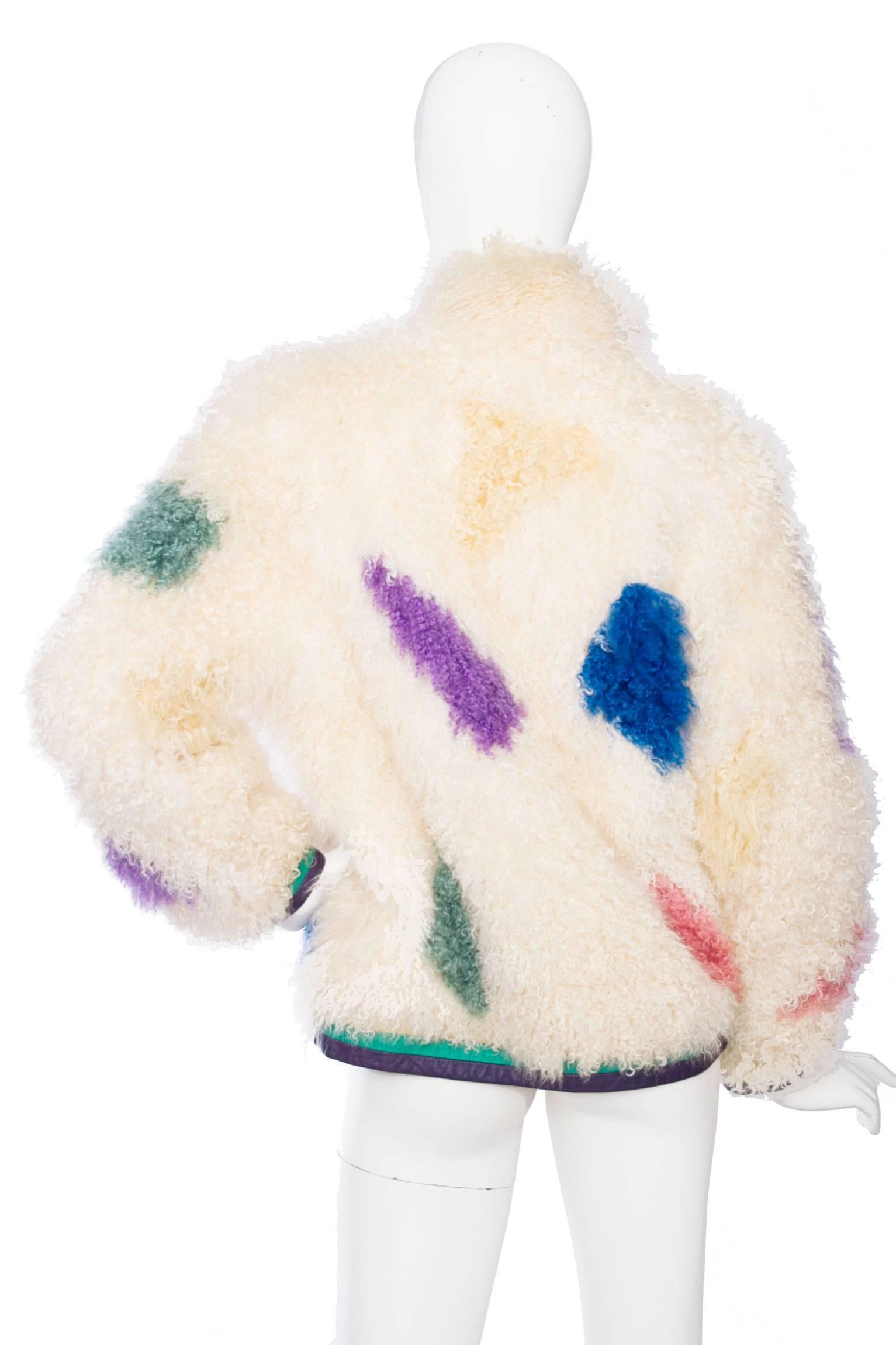 1980s White Mongolian Lamb Fur Coat W. Bright Color Splashes 1