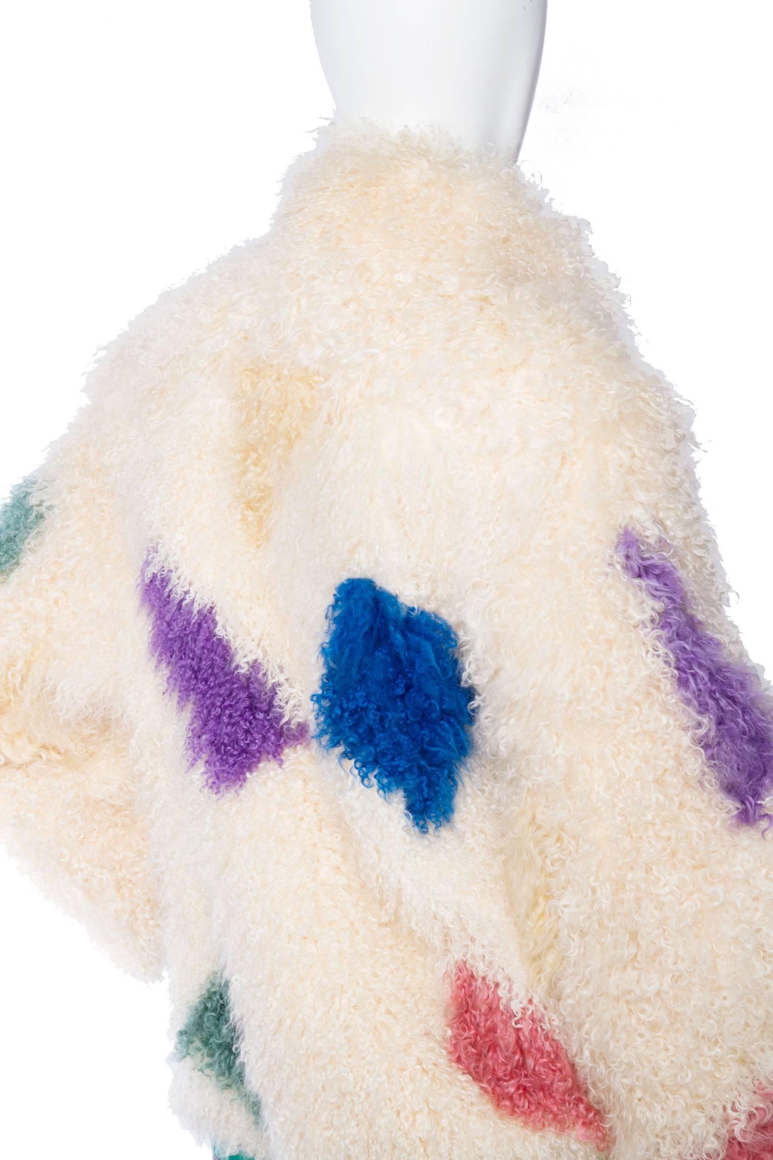 1980s White Mongolian Lamb Fur Coat W. Bright Color Splashes 3