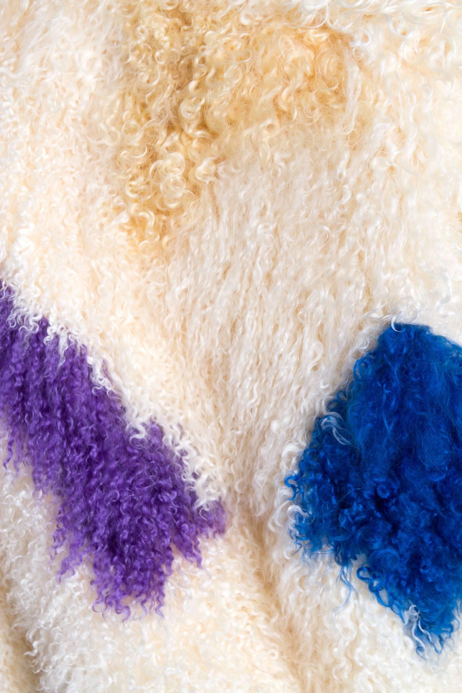 1980s White Mongolian Lamb Fur Coat W. Bright Color Splashes 4