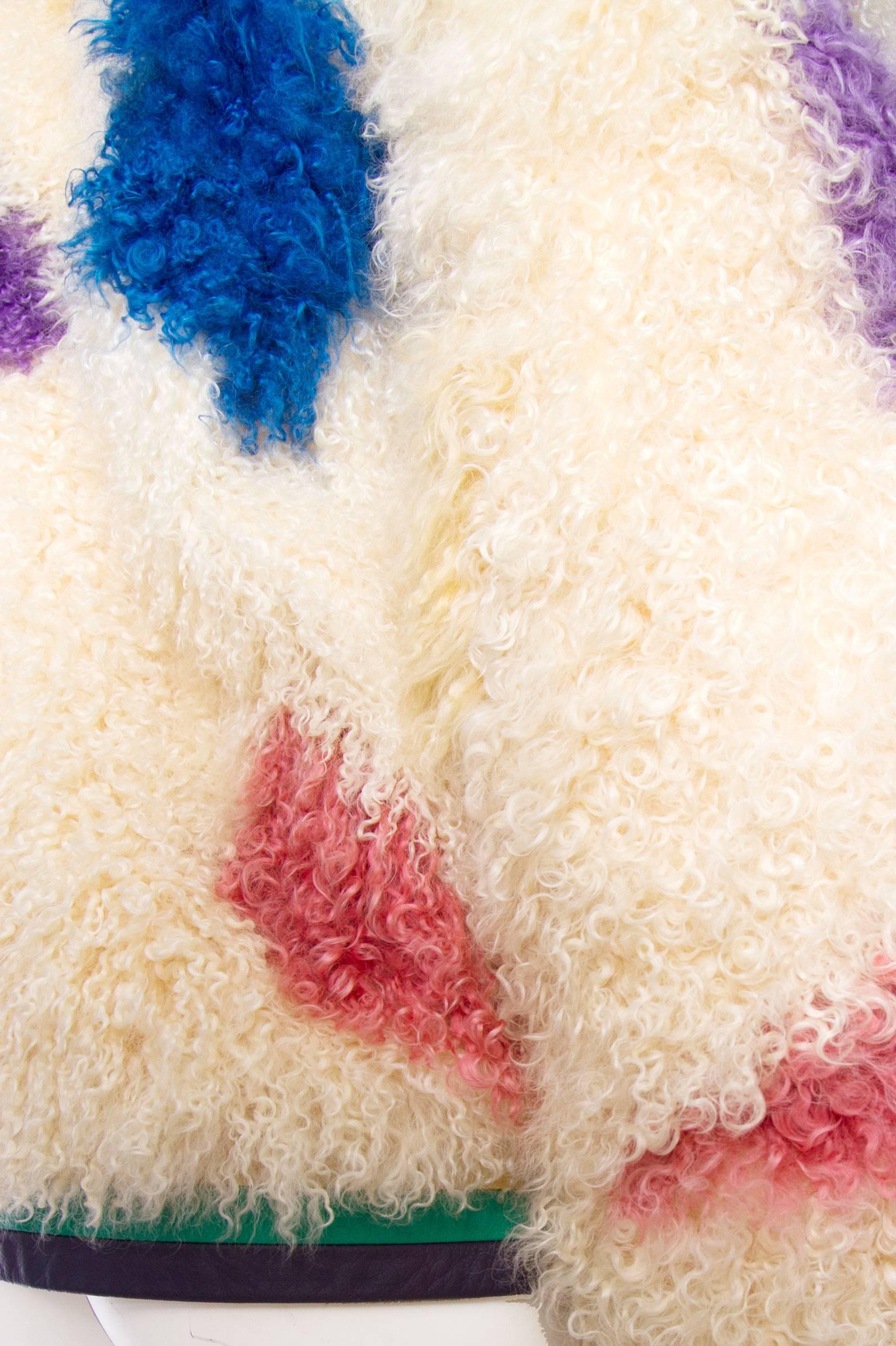 1980s White Mongolian Lamb Fur Coat W. Bright Color Splashes 5