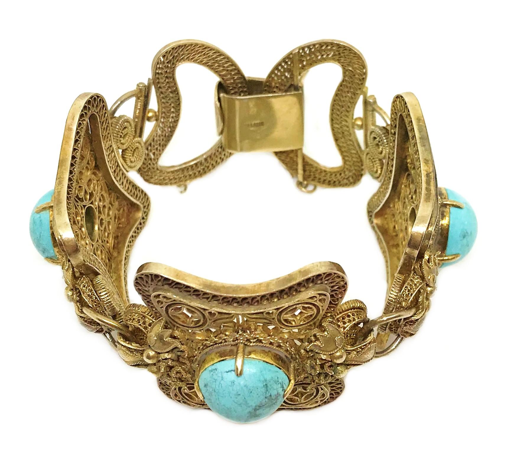 Women's Circa 1960s Chinese Gold Over Sterling Turquoise Dragon Bracelet