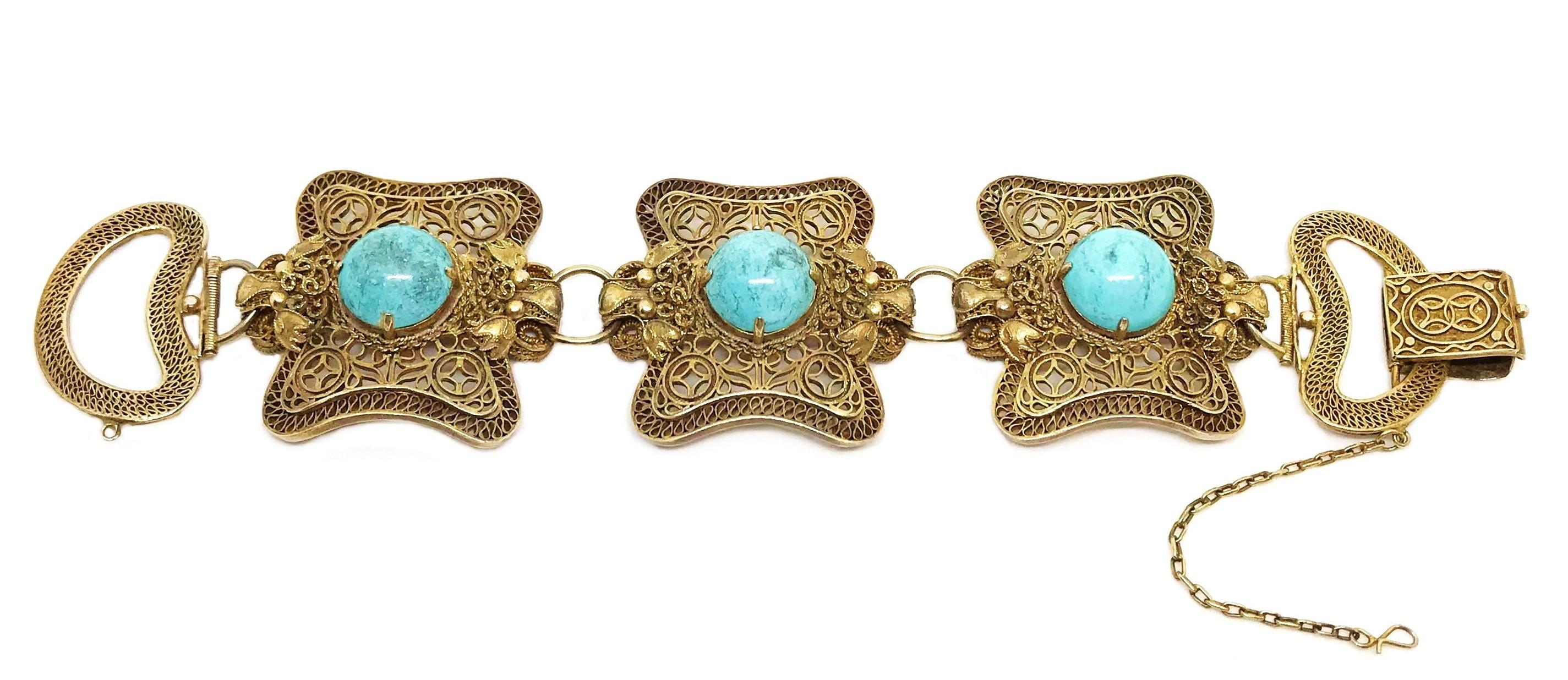 Circa 1960s Chinese Gold Over Sterling Turquoise Dragon Bracelet 1