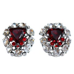 Circa 1930s Large Red Faceted Glass & Rhinestone Dress Clips, Pair