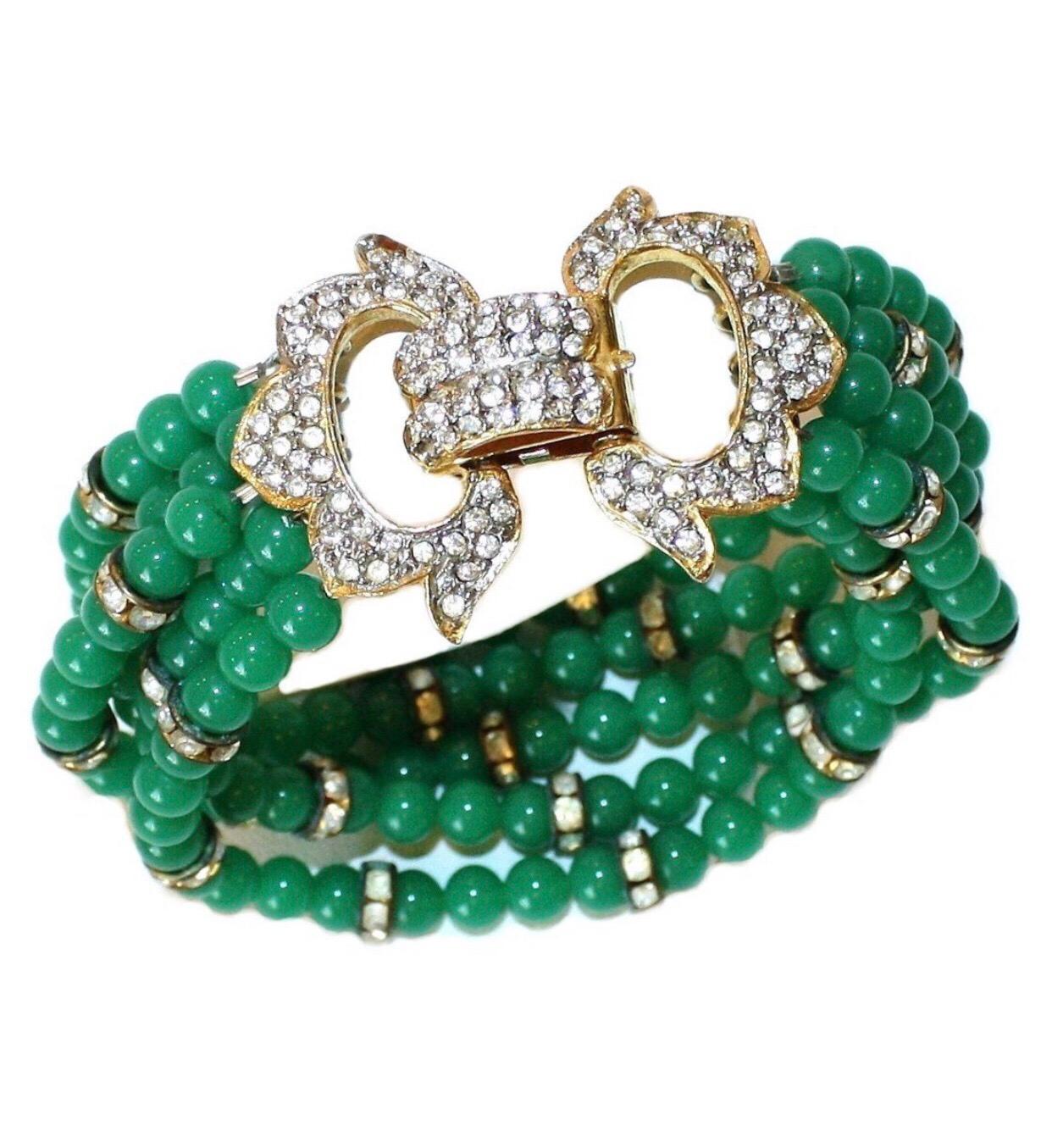 Circa 1960s K.J.L. Green Glass Bead and Rhinestone Bracelet  In Good Condition In Long Beach, CA