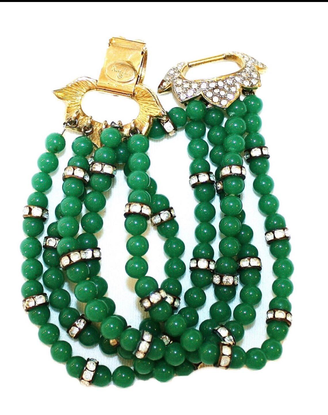 Women's Circa 1960s K.J.L. Green Glass Bead and Rhinestone Bracelet 